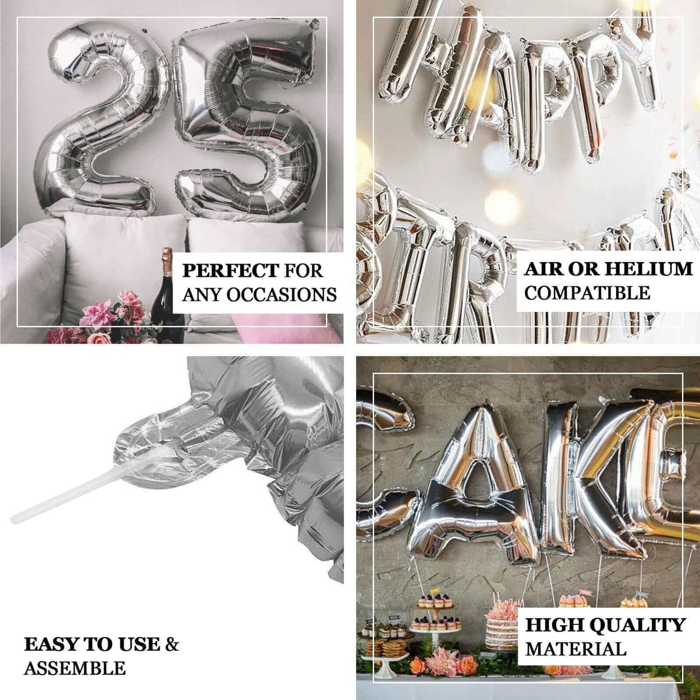 35" Silver Letter and Number Balloons, Shiny Metallic Mylar Foil Helium Air Balloons