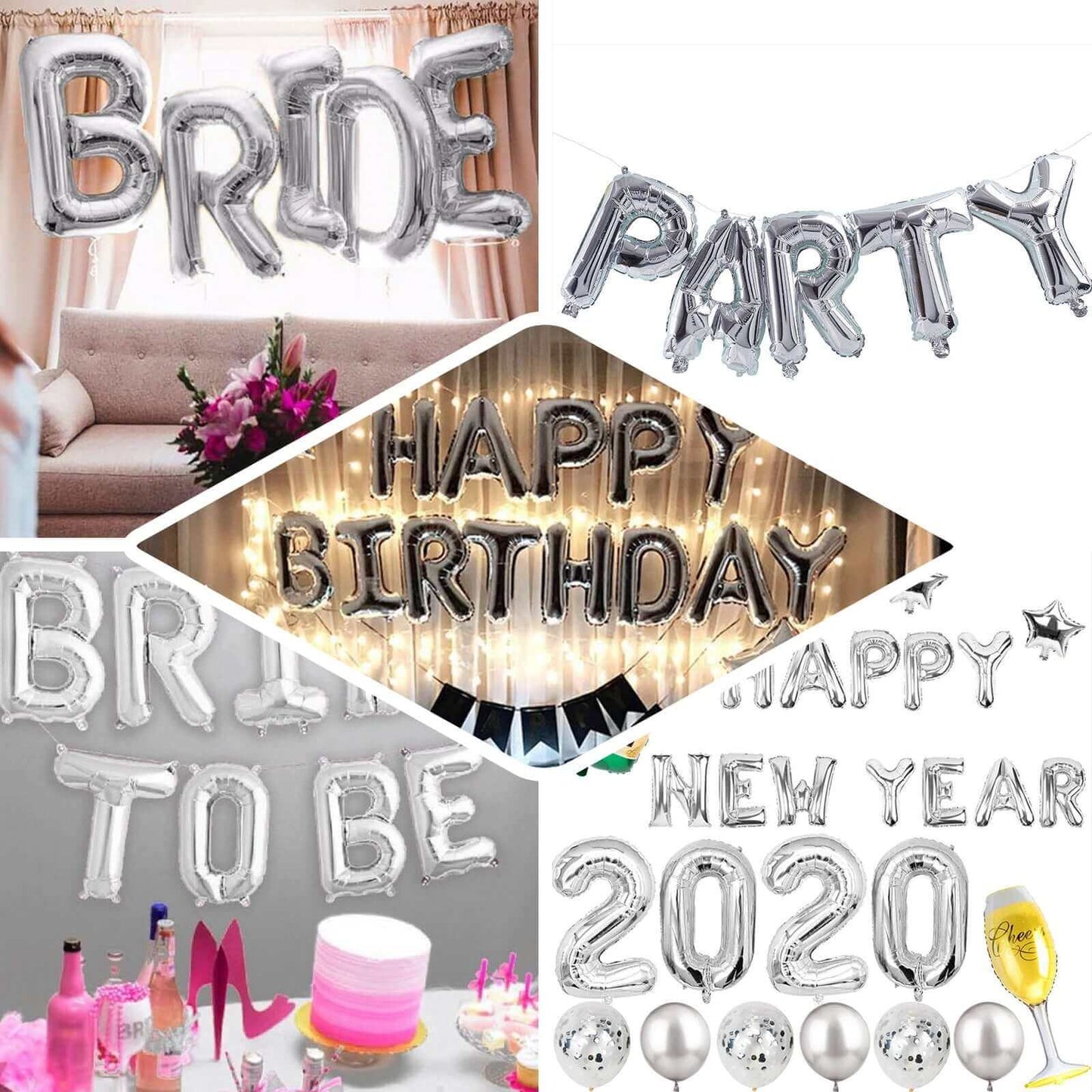 35" Silver Letter and Number Balloons, Shiny Metallic Mylar Foil Helium Air Balloons