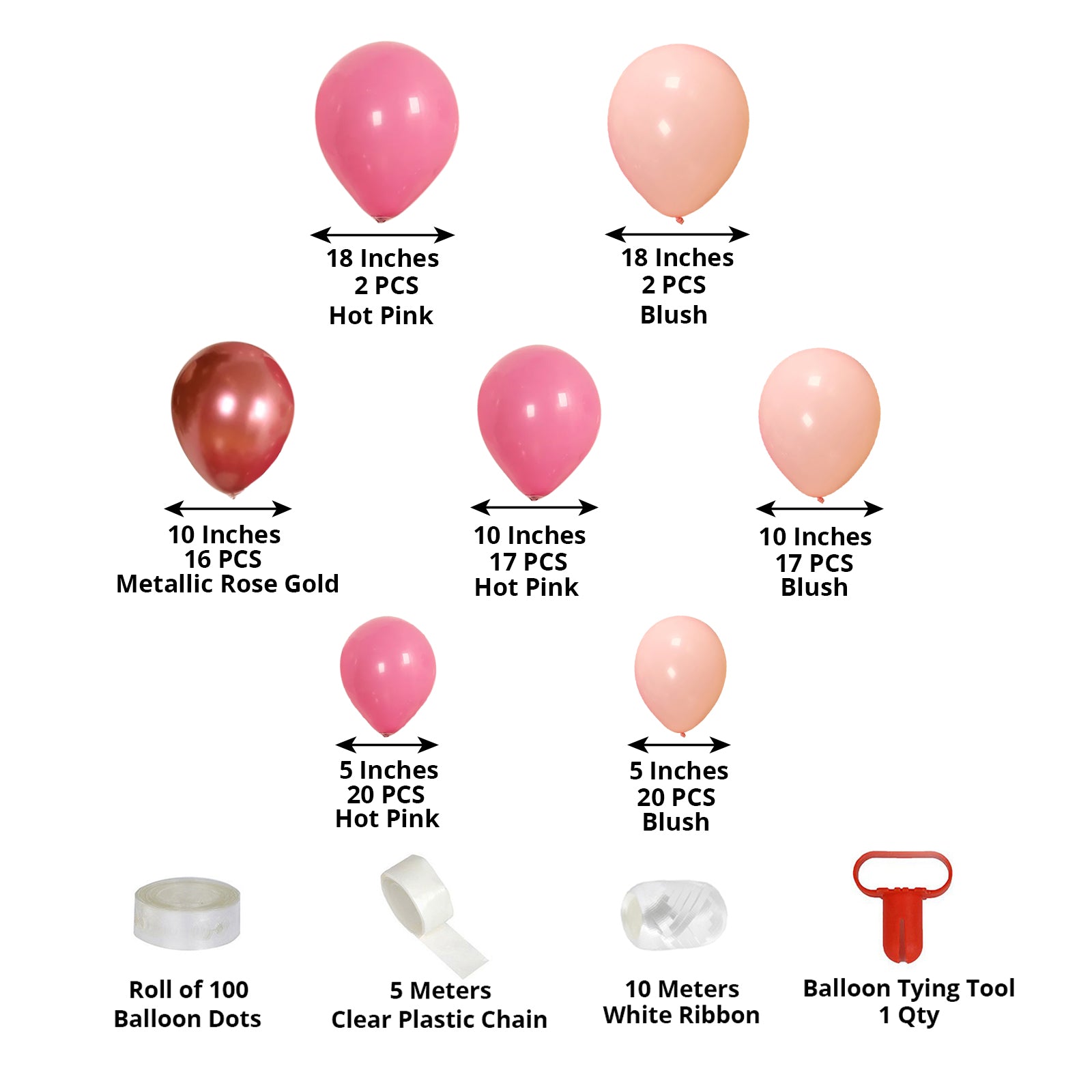 Set of 94 pink biodegradable balloons in rose gold and blush shades.