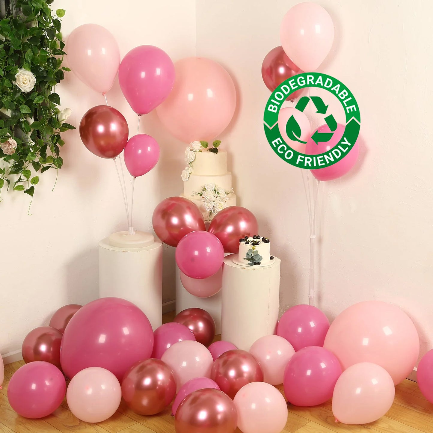Rose gold and pink biodegradable balloon arch kit decoration.