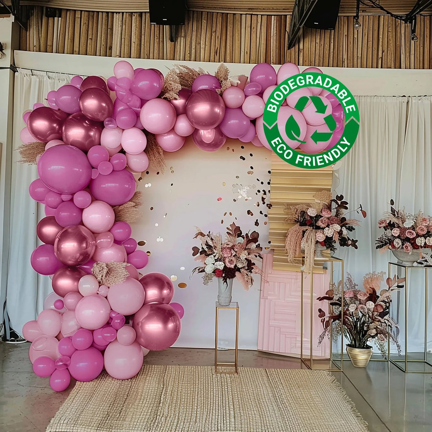 Rose gold pink biodegradable balloon arch kit decoration.