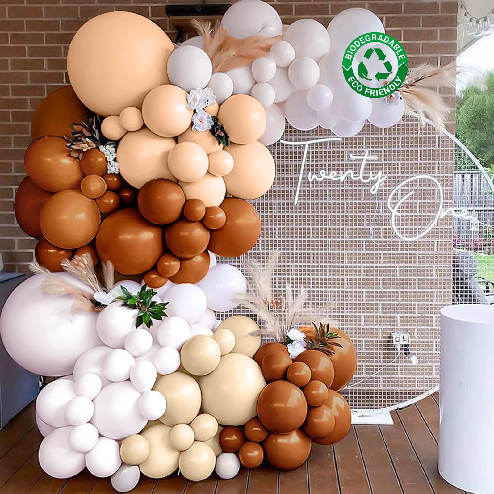 Tan brown biodegradable balloon arch kit with rustic double layered design.