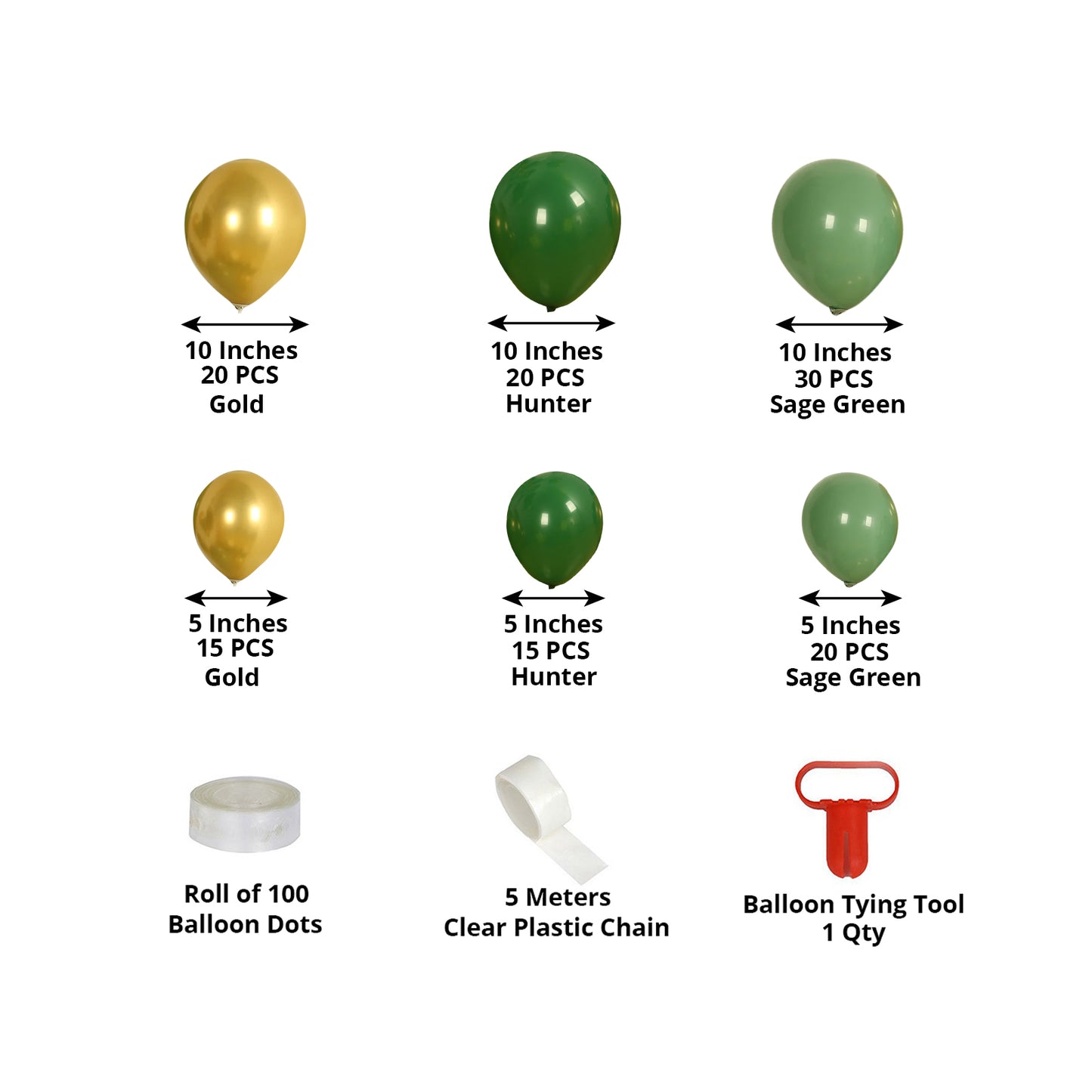 Set of 120 gold and green biodegradable balloons for party decoration.