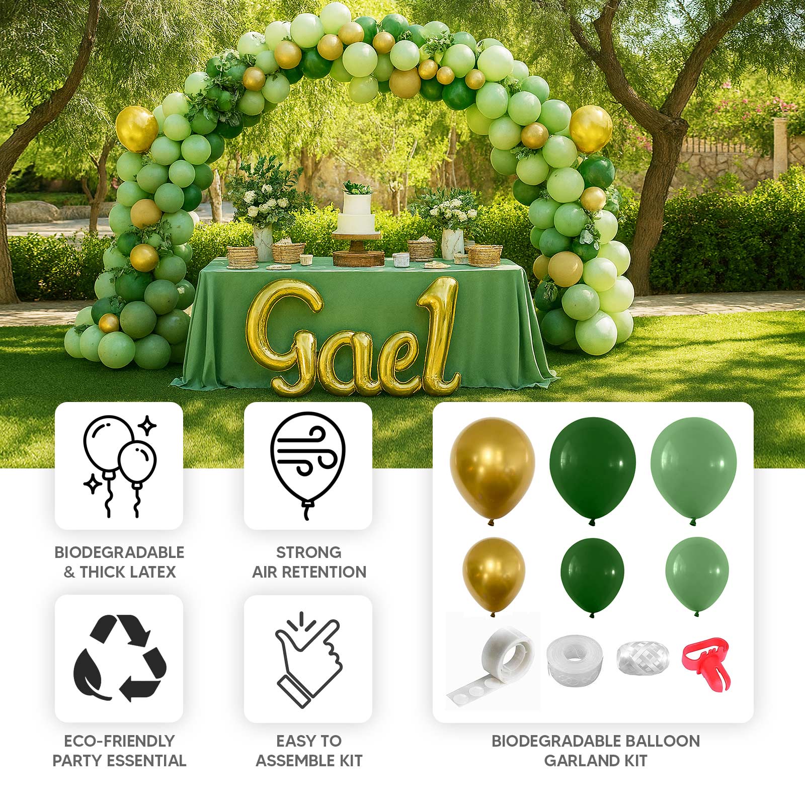 Gold and green biodegradable balloon arch kit for eco-friendly parties.