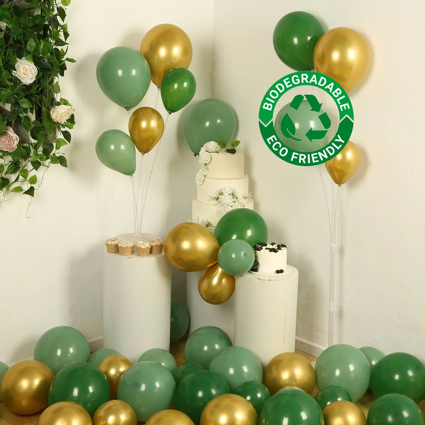 Gold and green biodegradable balloon arch kit for eco-friendly celebrations.
