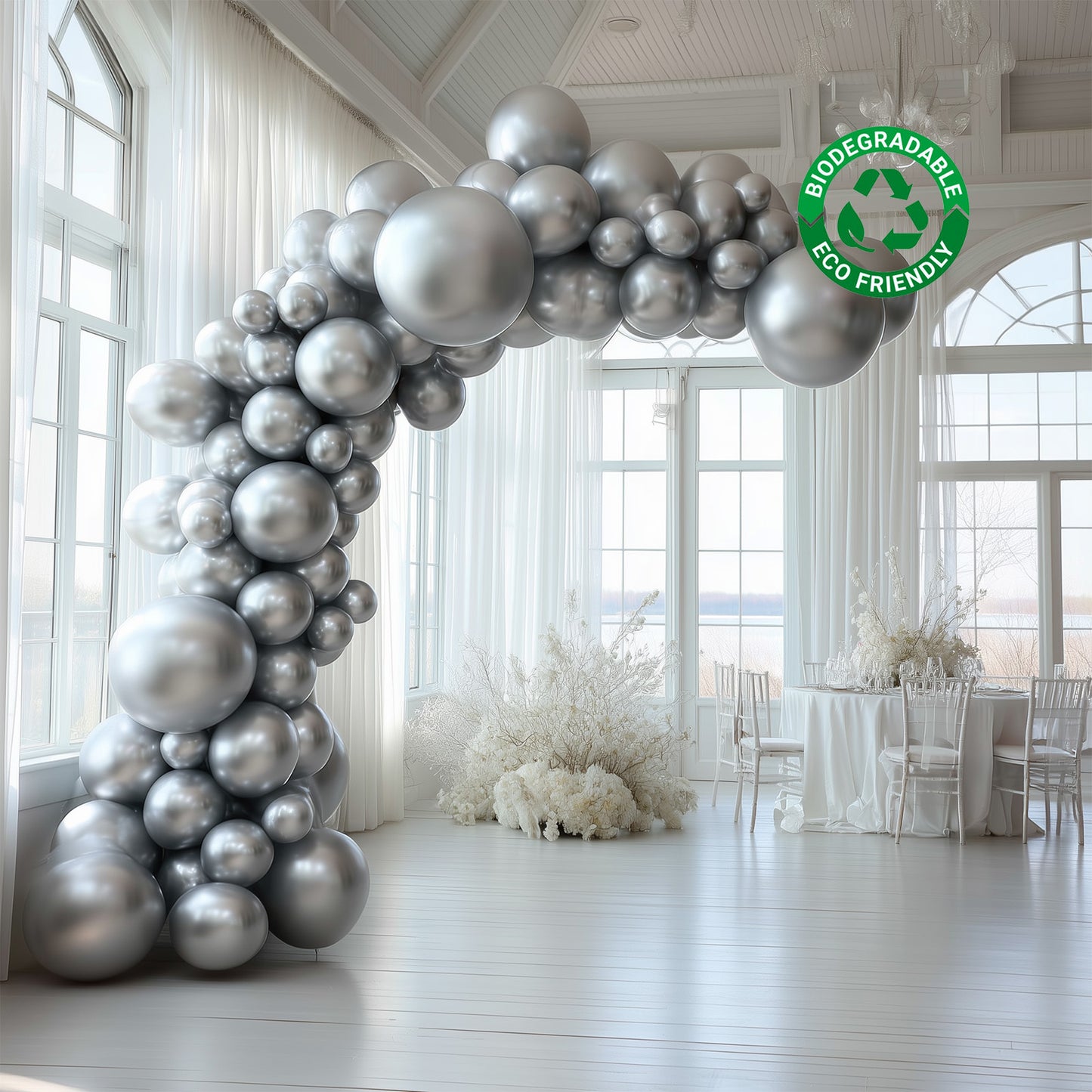 Set of 110 biodegradable silver balloon garland arch for party décor.