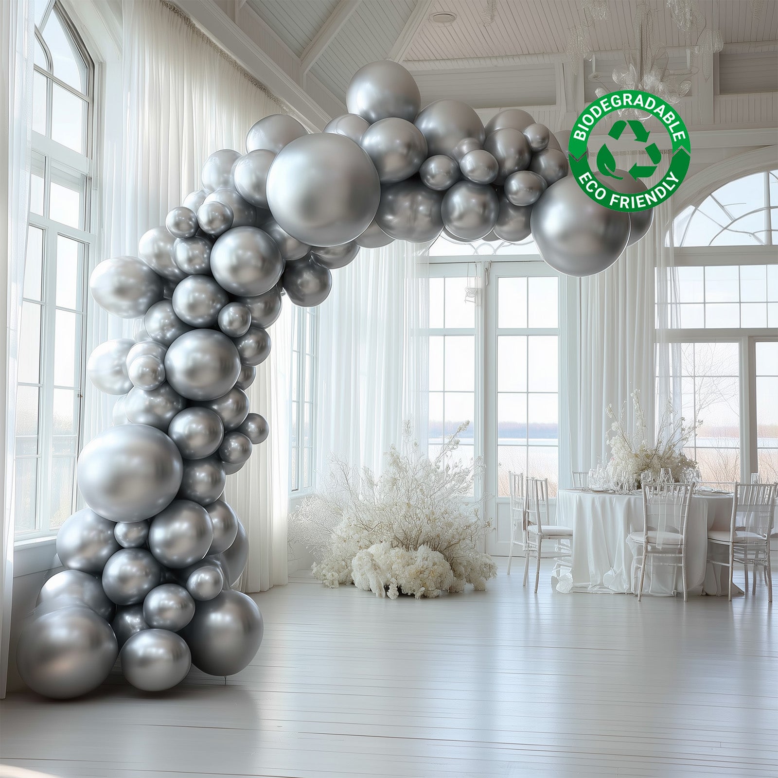 Set of 110 biodegradable silver balloon garland arch for party décor.