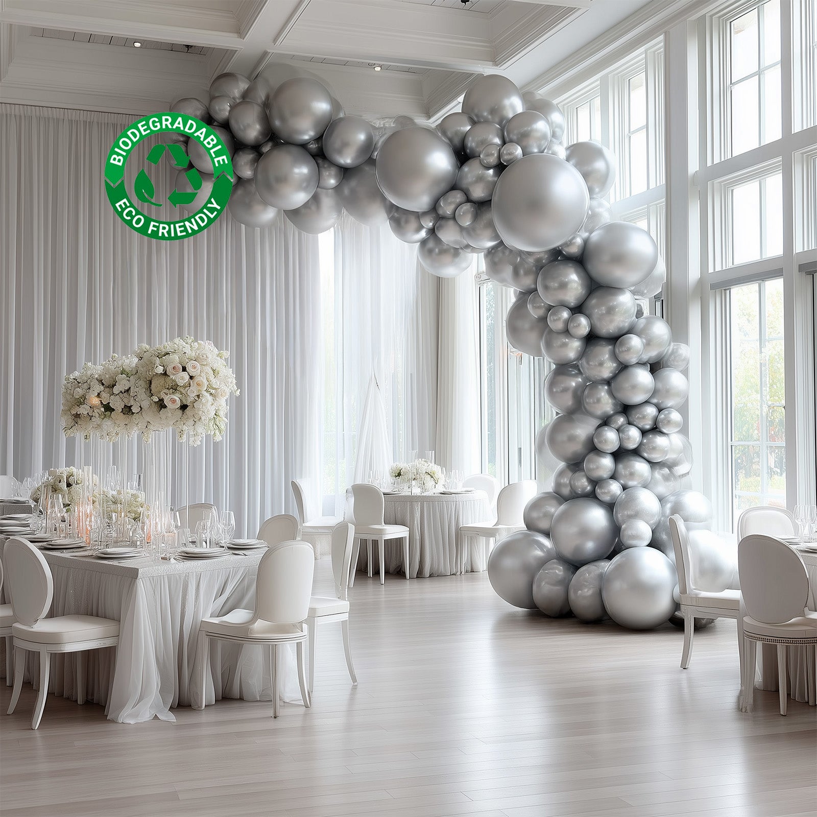 Set of 110 biodegradable silver balloon garland for party décor.