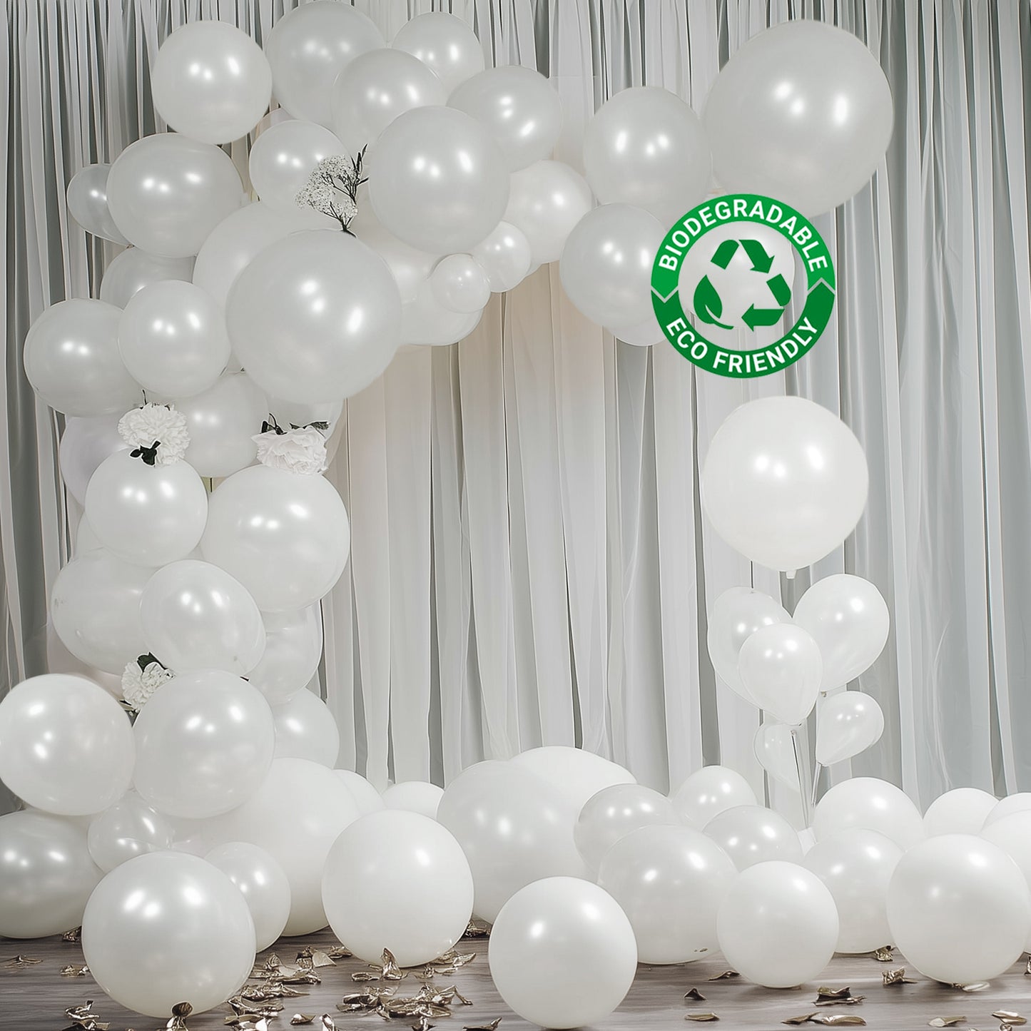Pearl white balloon garland arch for party décor. Biodegradable and eco-friendly.