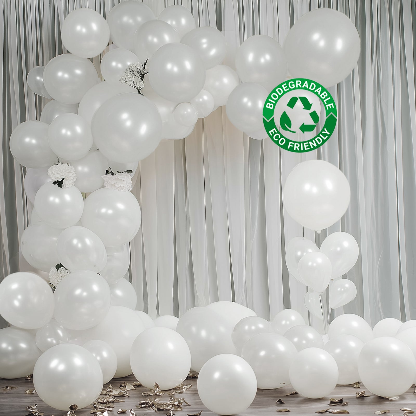 Pearl white balloon garland arch for party décor. Biodegradable and eco-friendly.