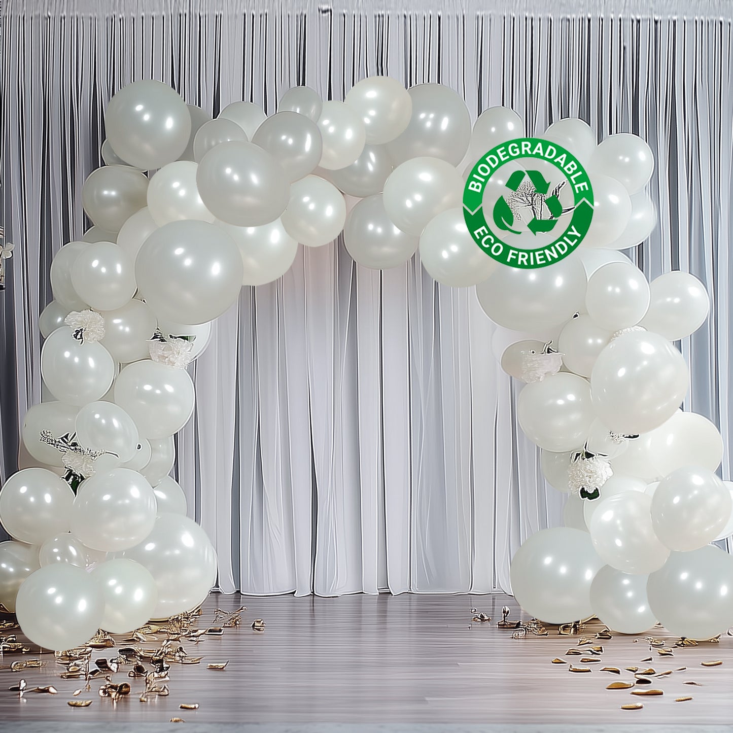 Pearl white balloon garland arch for party décor, eco-friendly and biodegradable.