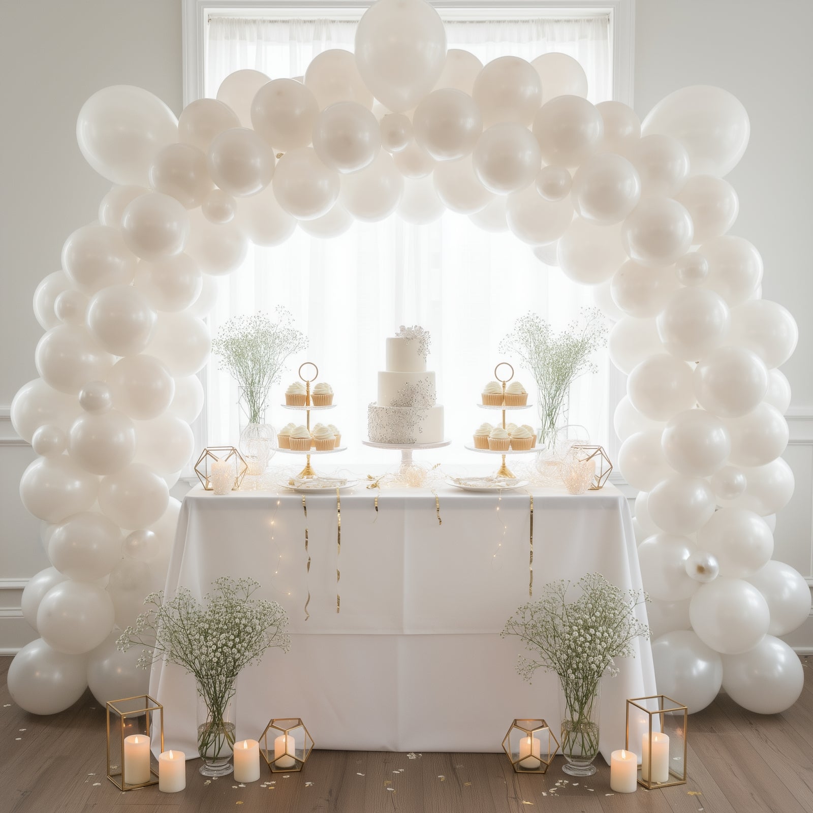 Pearl white balloon garland arch for party décor.