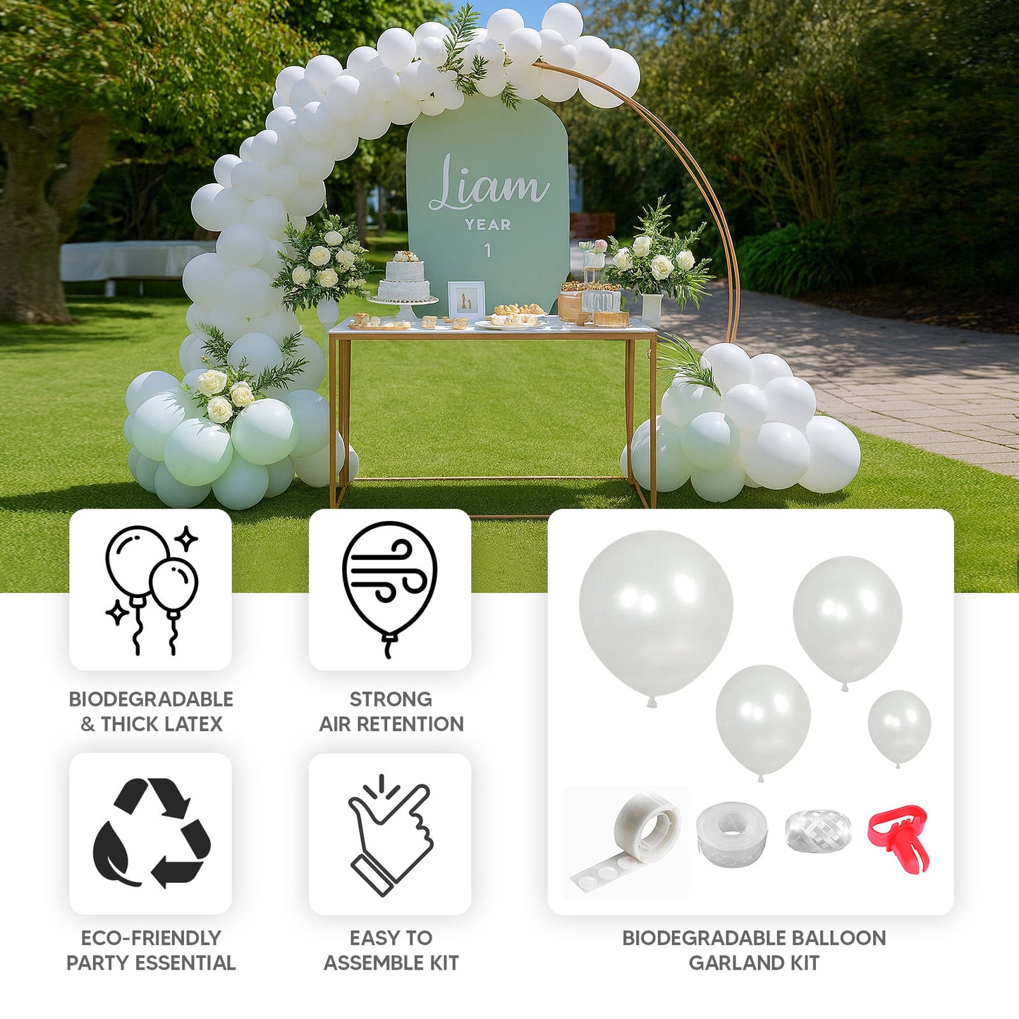 Pearl white balloon garland kit for eco-friendly party décor.