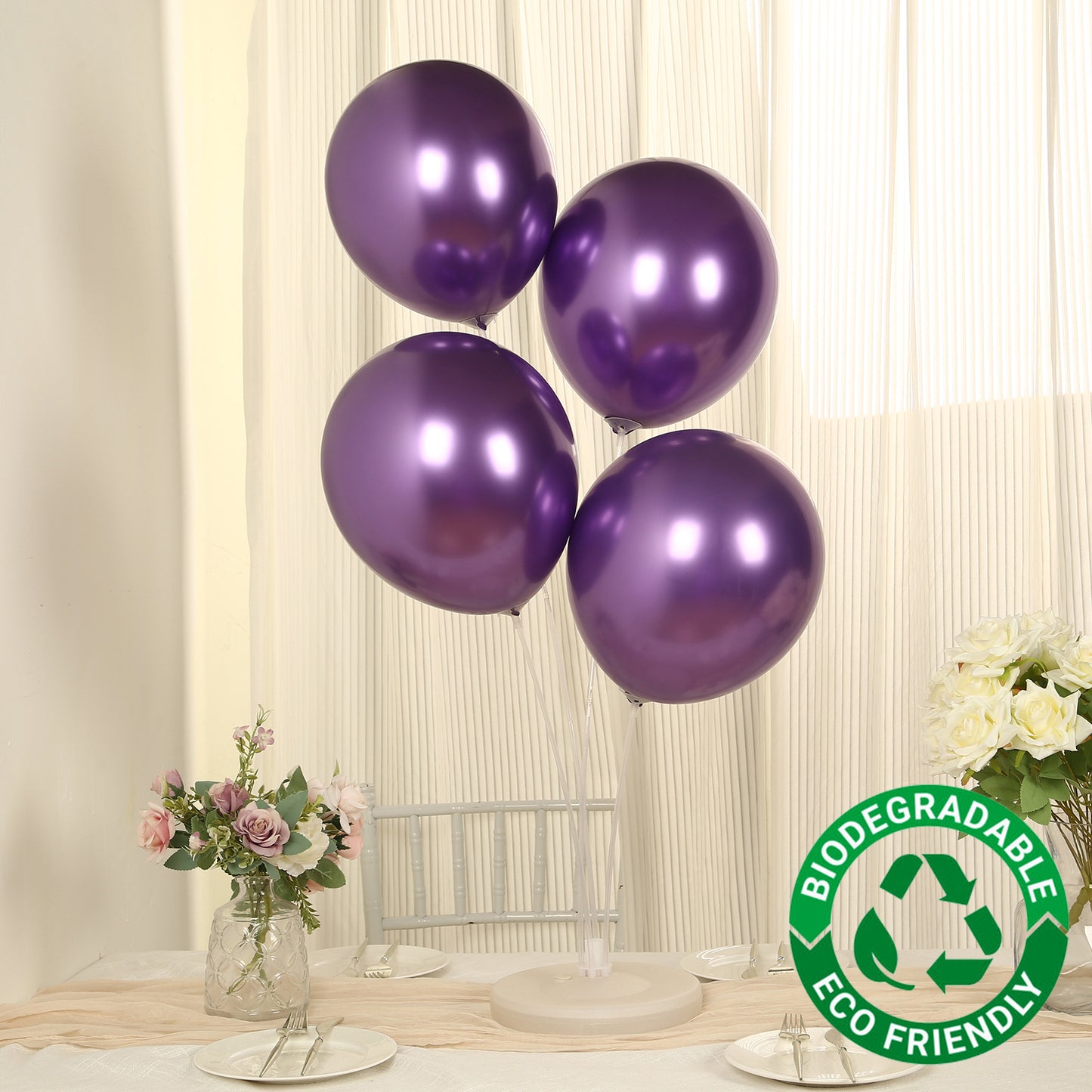 50 Pack Chrome Purple Biodegradable Latex Balloons 12", Thick Eco Friendly Metallic Party Balloons