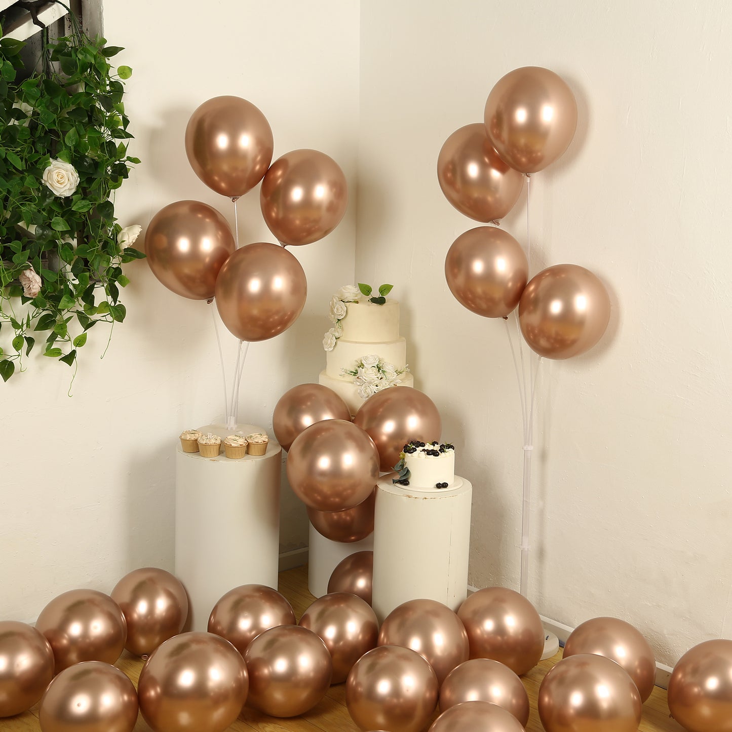 50 Pack Chrome Rose Gold Biodegradable Latex Balloons 12", Thick Eco Friendly Metallic Party Balloons