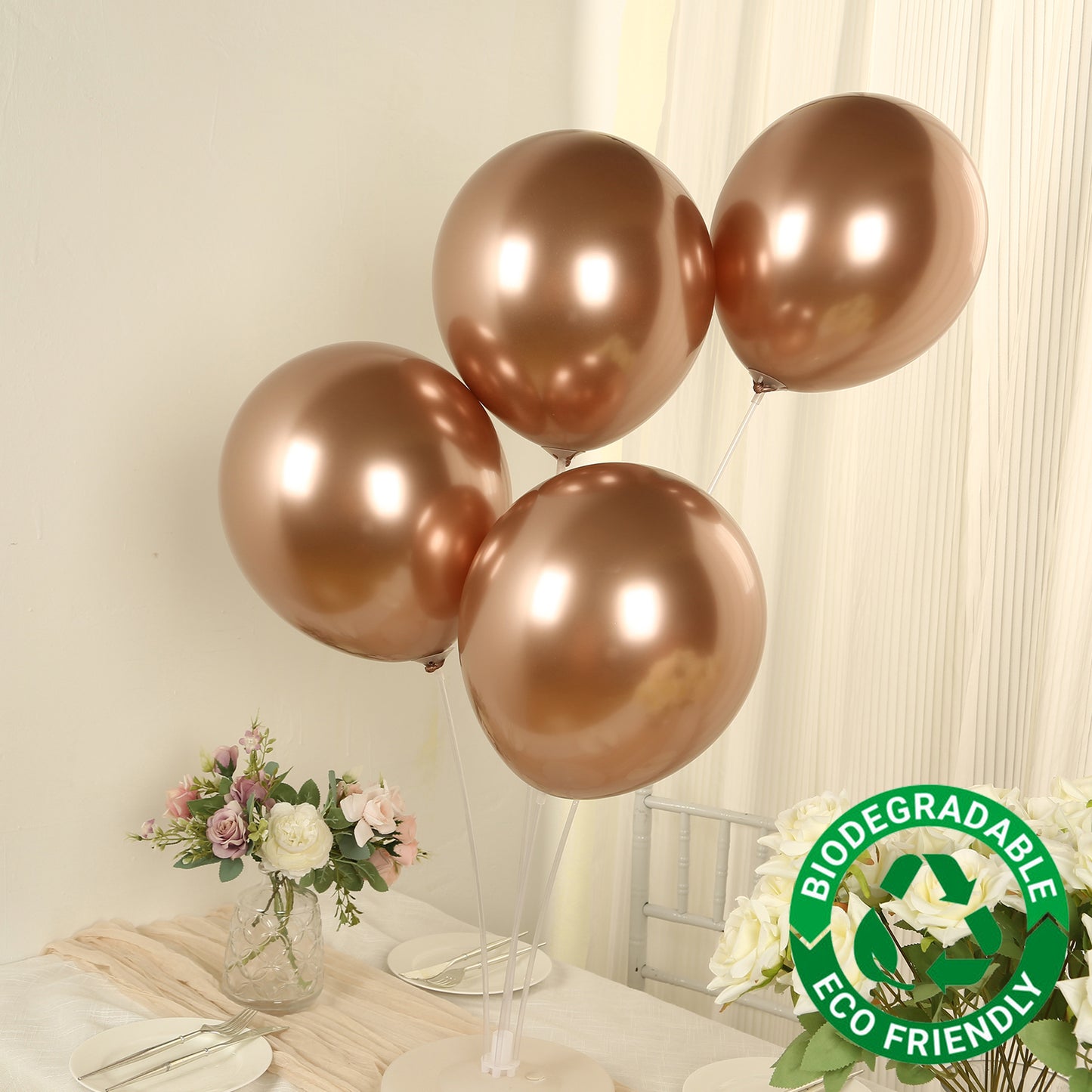 50 Pack Chrome Rose Gold Biodegradable Latex Balloons 12", Thick Eco Friendly Metallic Party Balloons