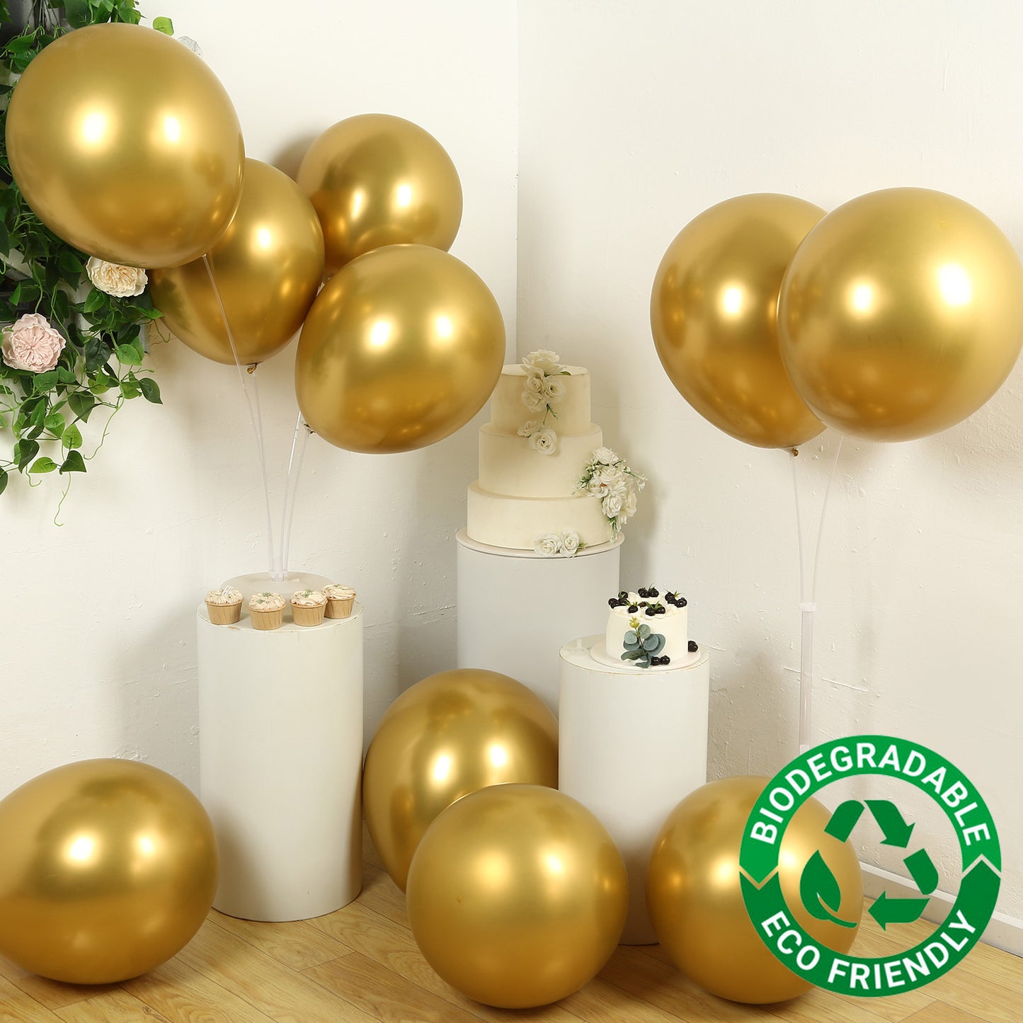 10 Pack Chrome Gold Biodegradable Latex Balloons 18", Thick Eco Friendly Metallic Party Balloons