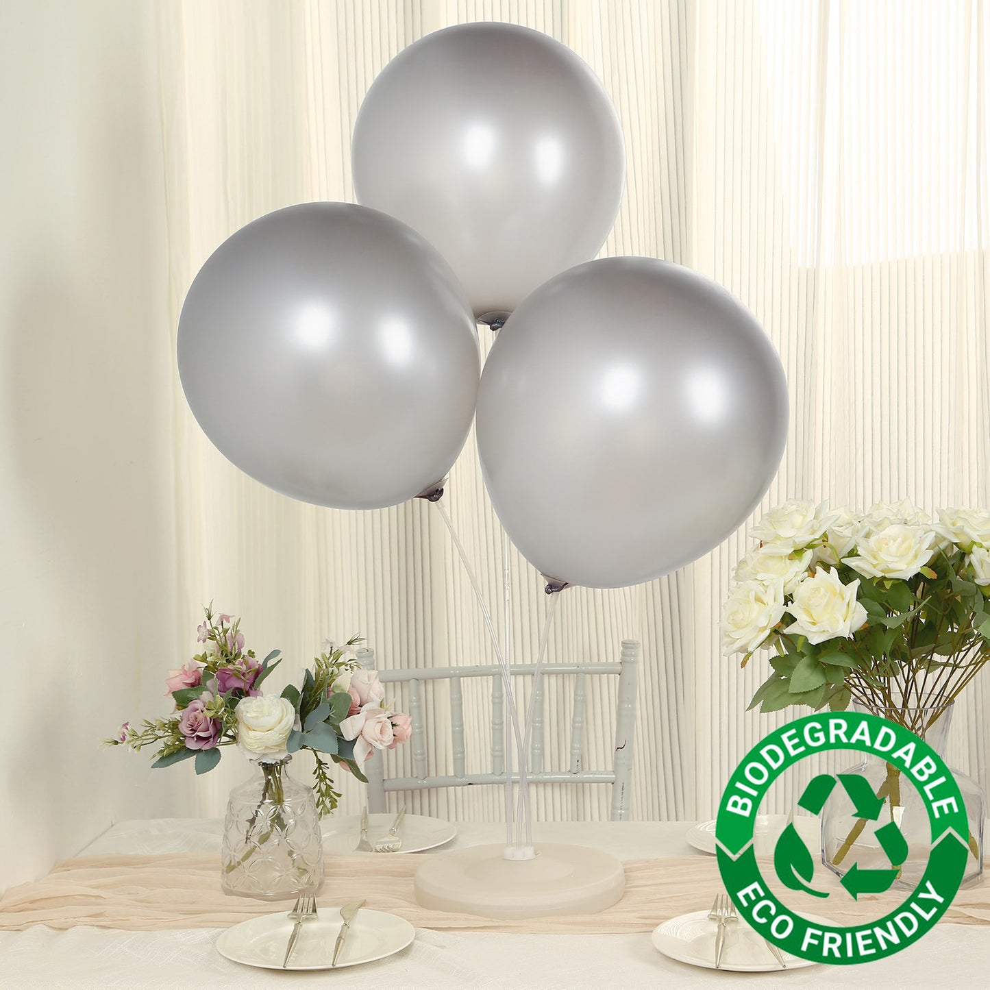 10 Pack Chrome Silver Biodegradable Latex Balloons 18", Thick Eco Friendly Metallic Party Balloons