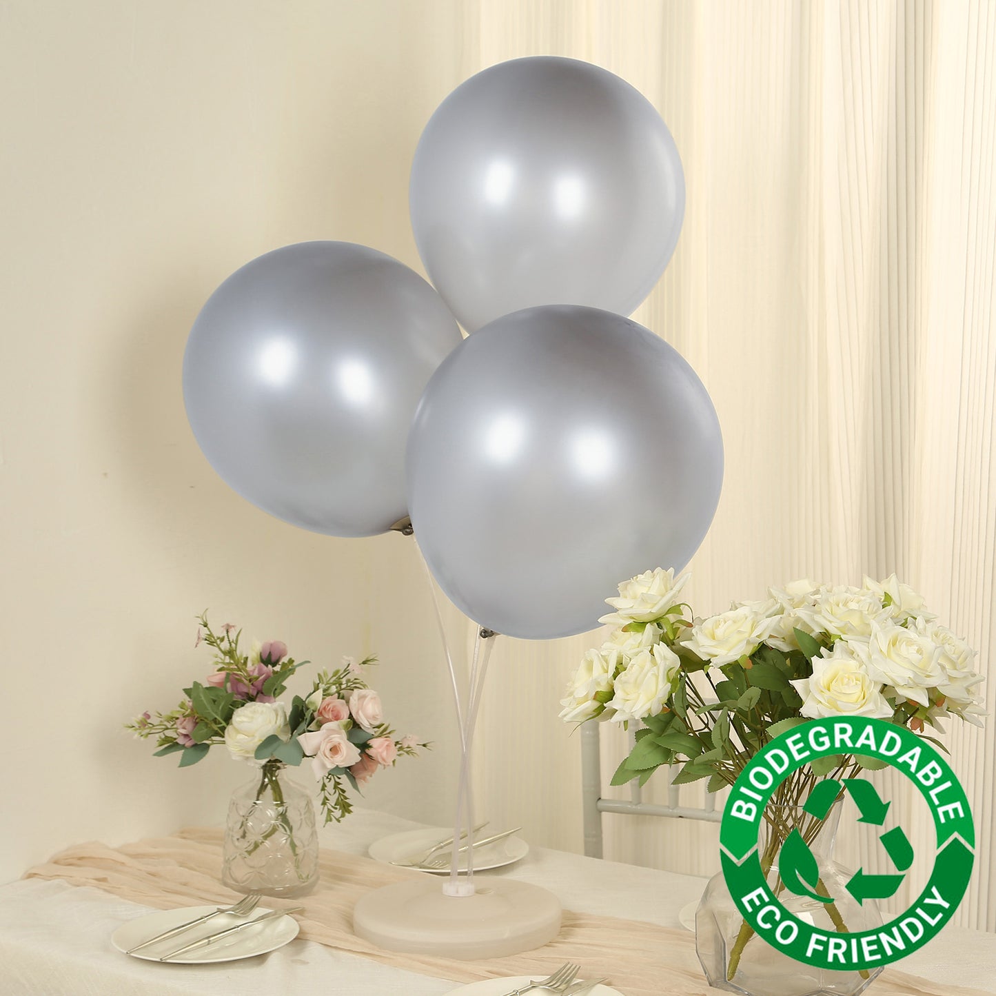 10 Pack Chrome Silver Biodegradable Latex Balloons 18", Thick Eco Friendly Metallic Party Balloons