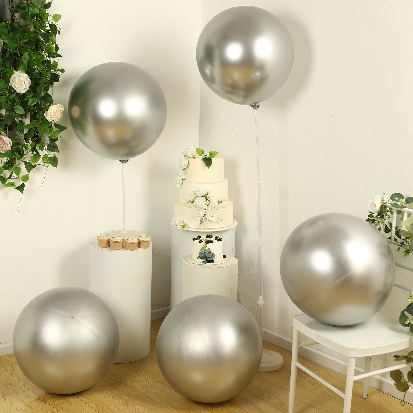 5 Pack Metallic Chrome Silver Biodegradable Balloons, 36" Large Round Eco-friendly Thickened Latex Party Balloons