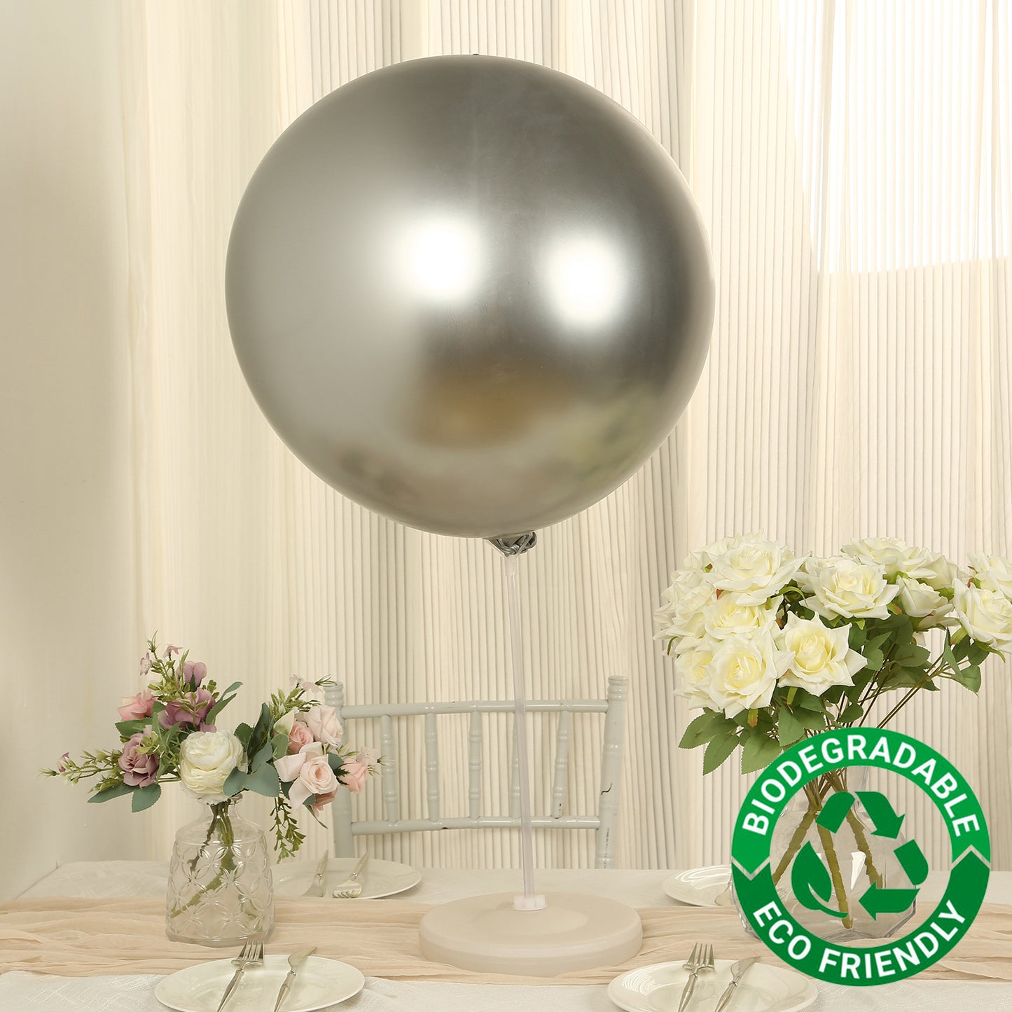 5 Pack Metallic Chrome Silver Biodegradable Balloons, 36" Large Round Eco-friendly Thickened Latex Party Balloons