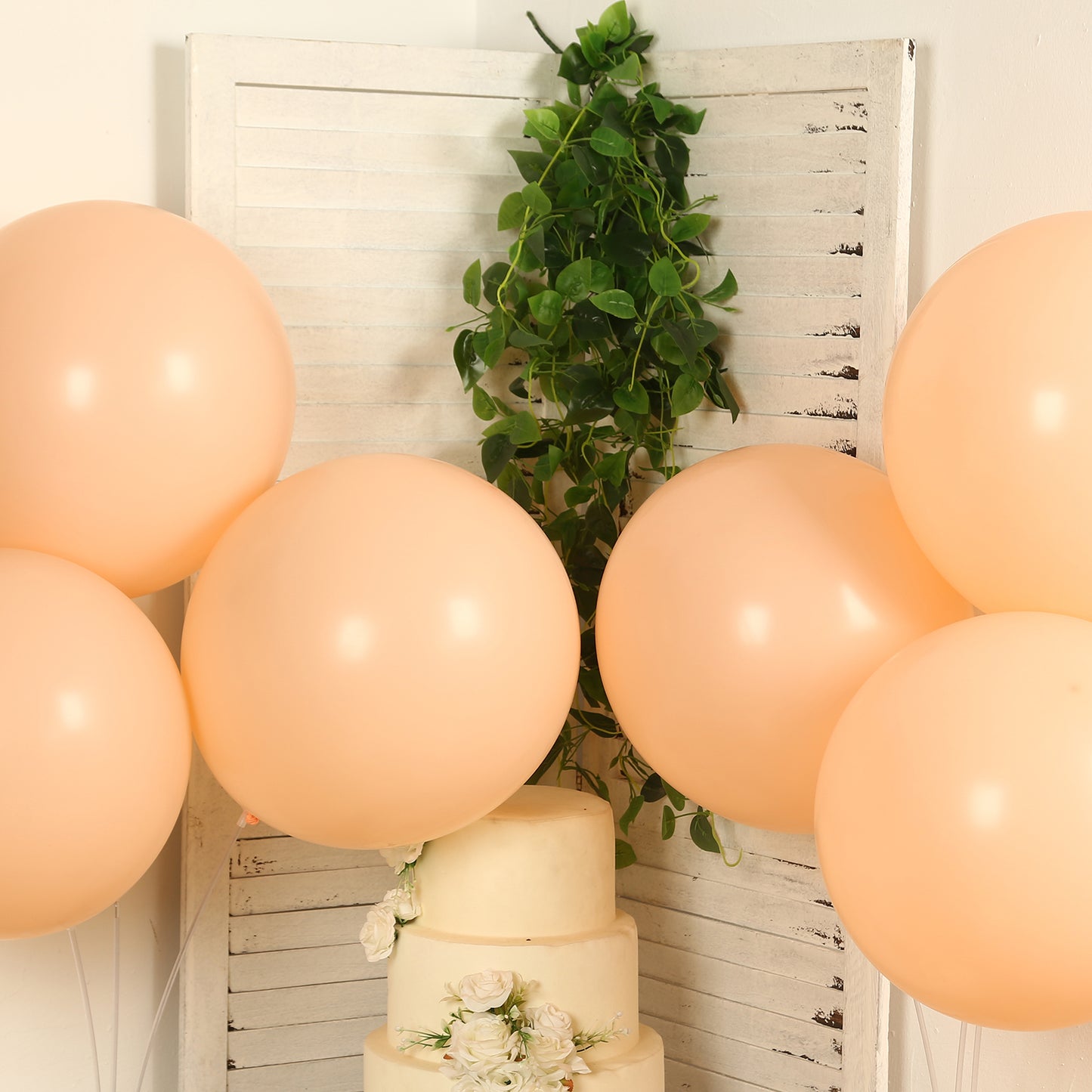 Peach biodegradable balloons arranged around a cake with greenery.