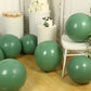 Matte pastel dusty sage green biodegradable balloons on wooden floor.