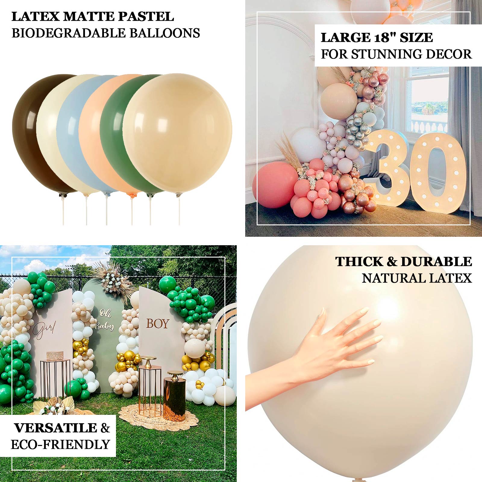 10 Pack Matte Pastel Biodegradable Balloons 18", Round Eco-friendly Thick Latex Party Balloons