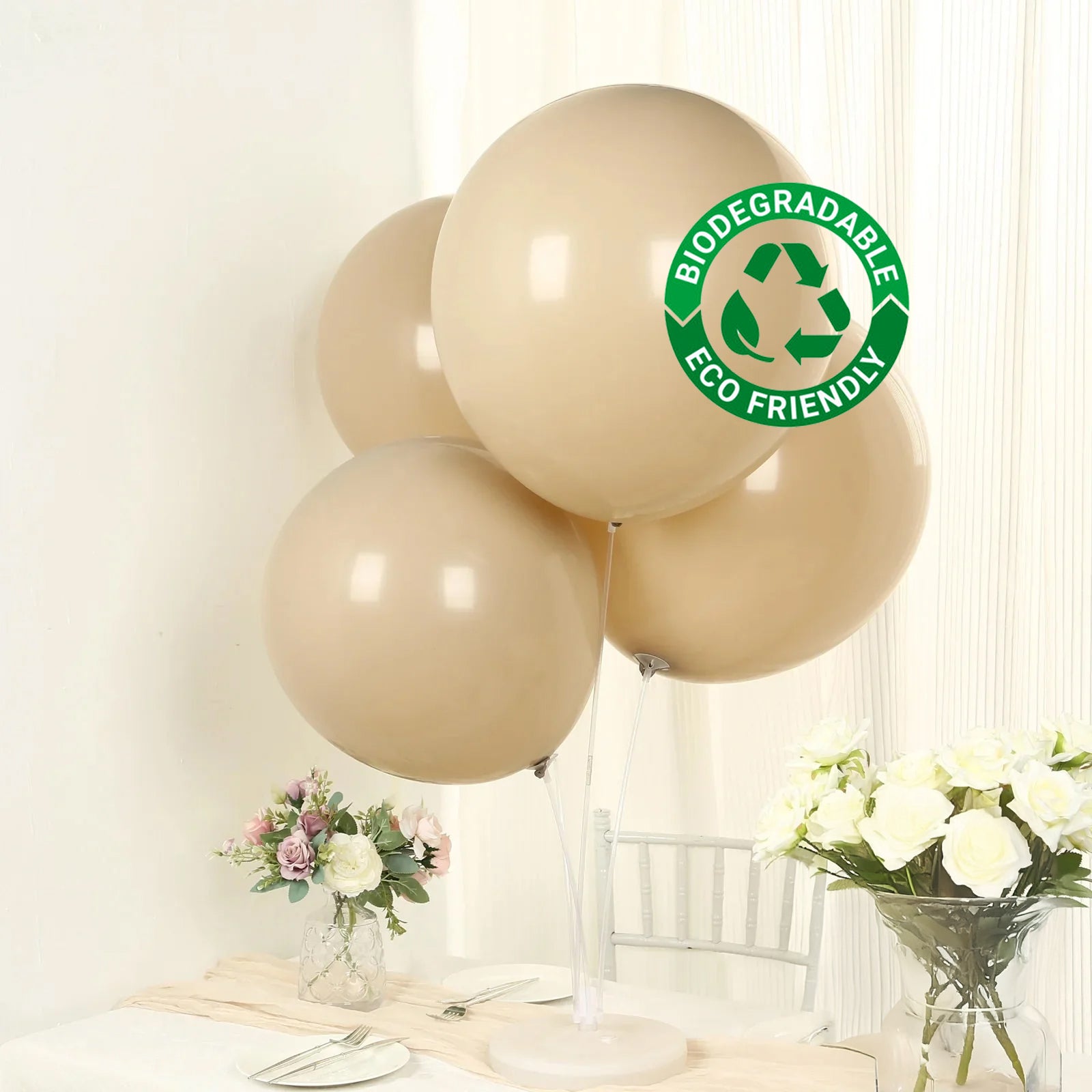 Matte pastel taupe biodegradable balloons in a stylish display.