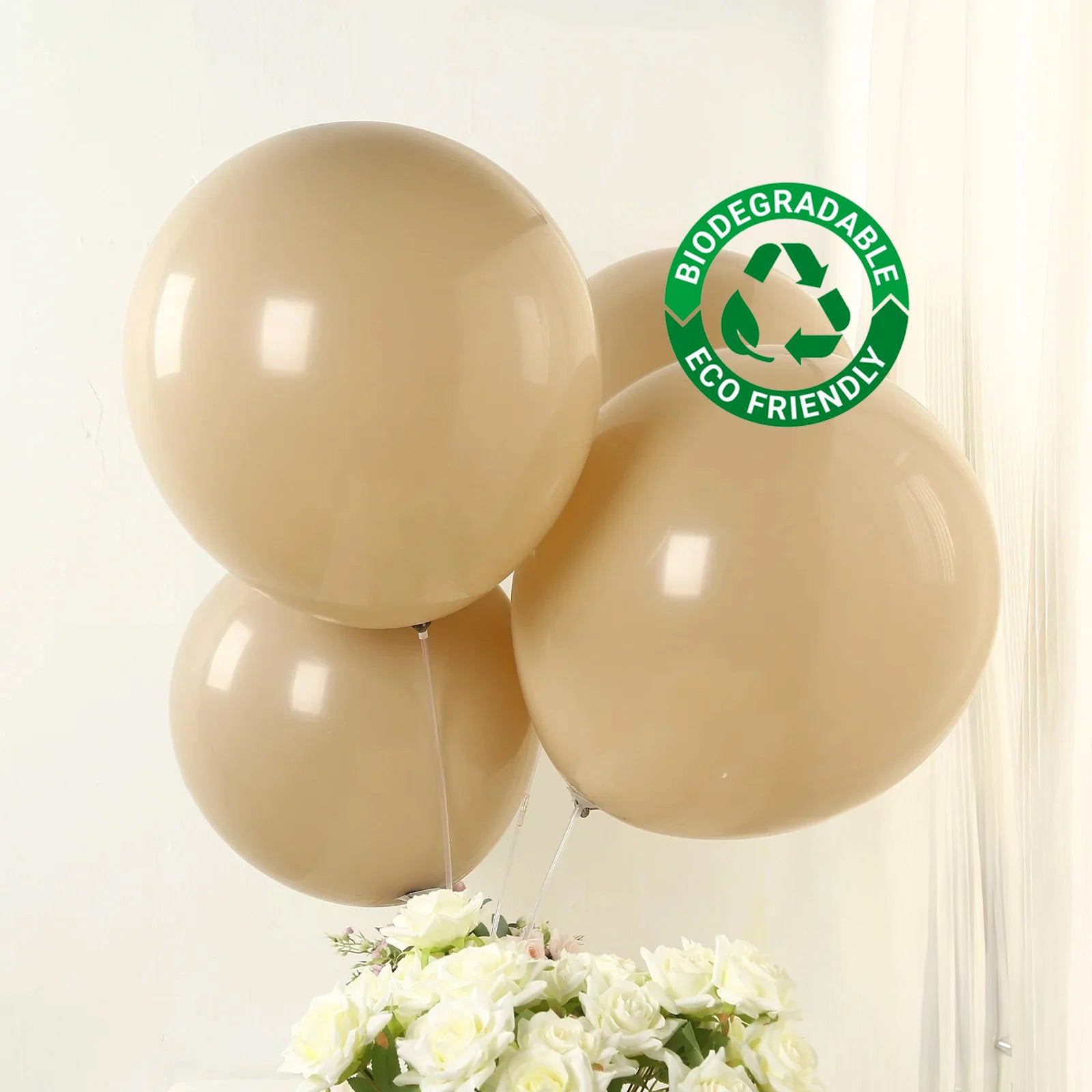 Matte pastel taupe biodegradable balloons, eco-friendly party decor.