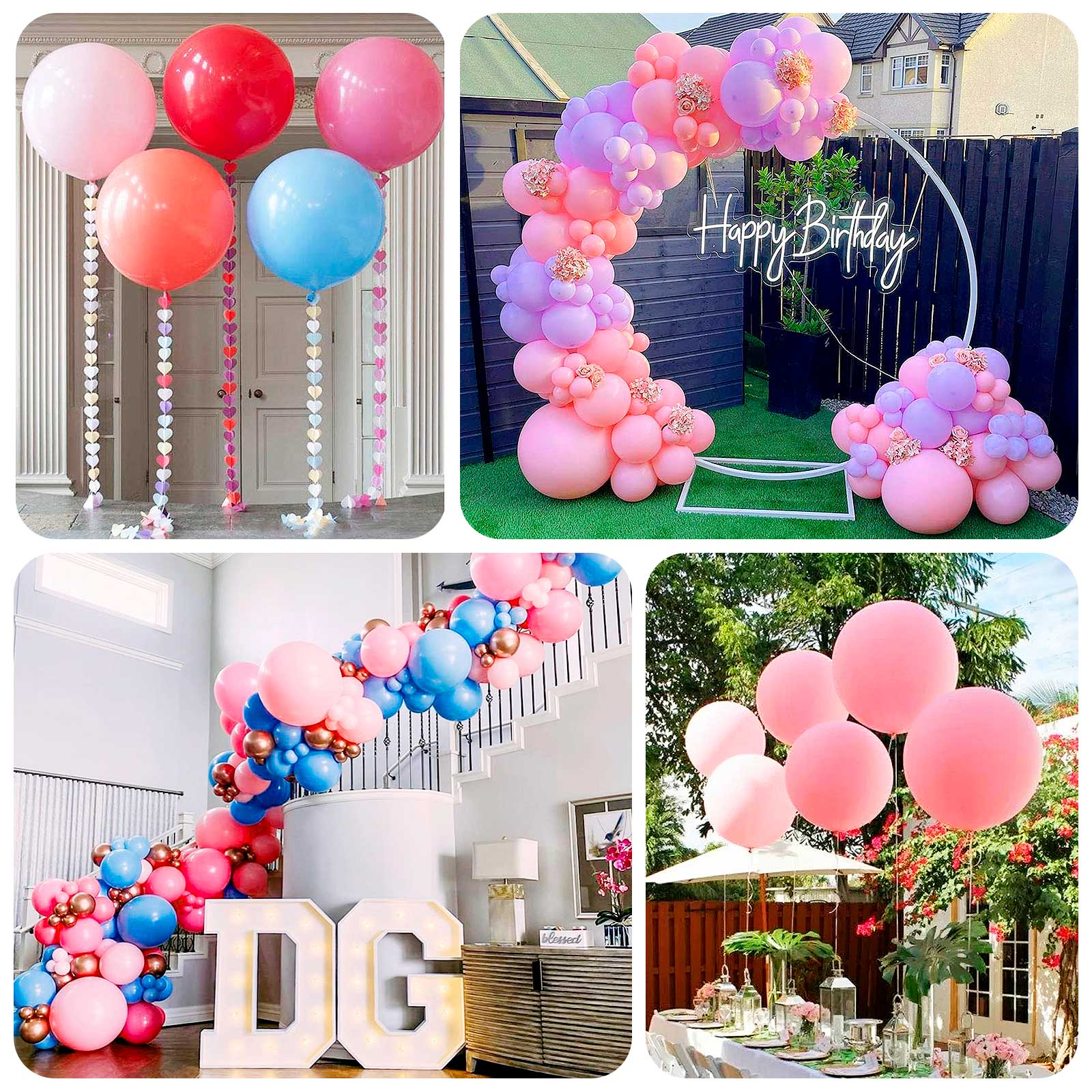 Large pastel pink biodegradable balloons in various festive arrangements.