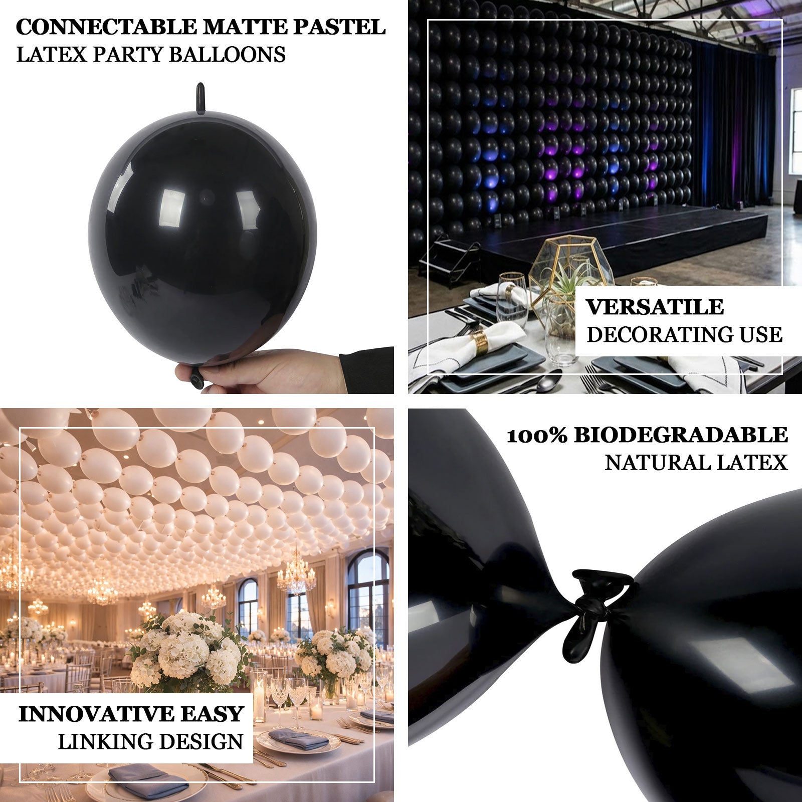 Matte pastel black biodegradable linking balloons for party decor.