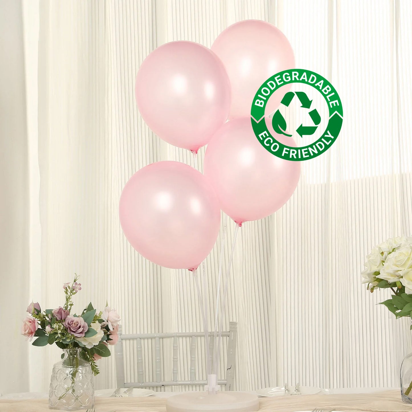Blush biodegradable balloons for eco-friendly party decor.