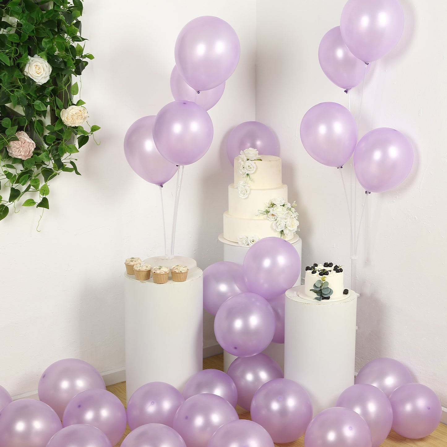 Lavender biodegradable balloons in a festive party setting.