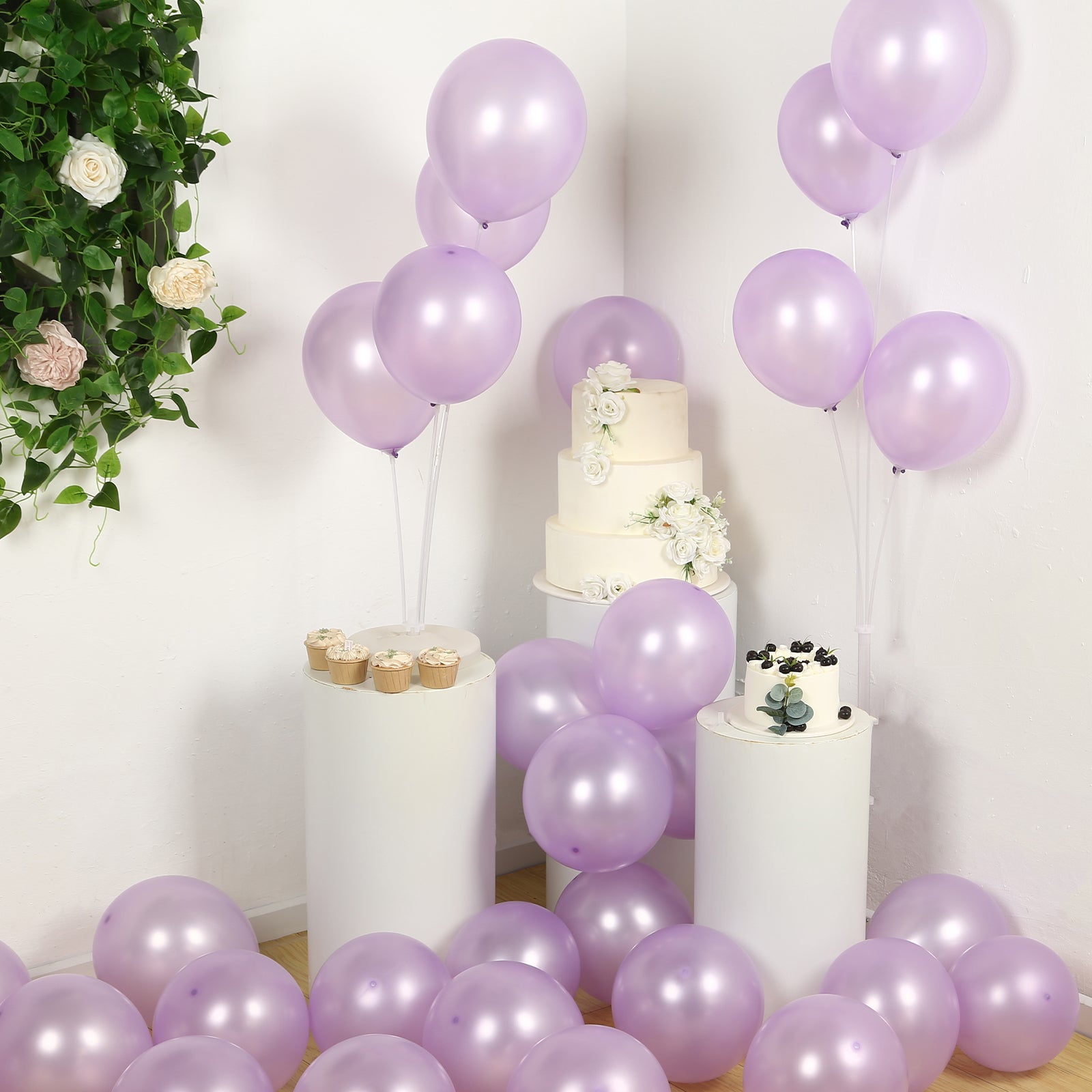 Lavender biodegradable balloons in a festive party setting.