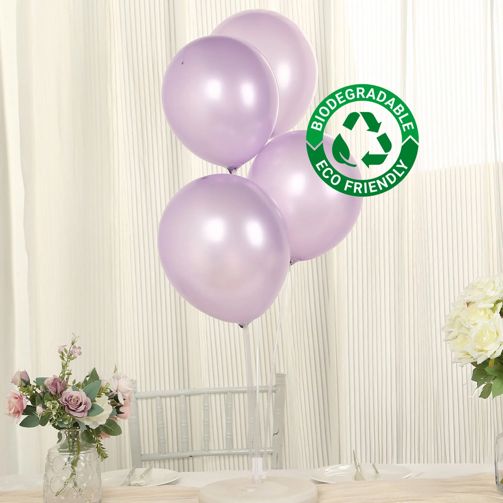 Lavender biodegradable balloons in a stylish party setting.