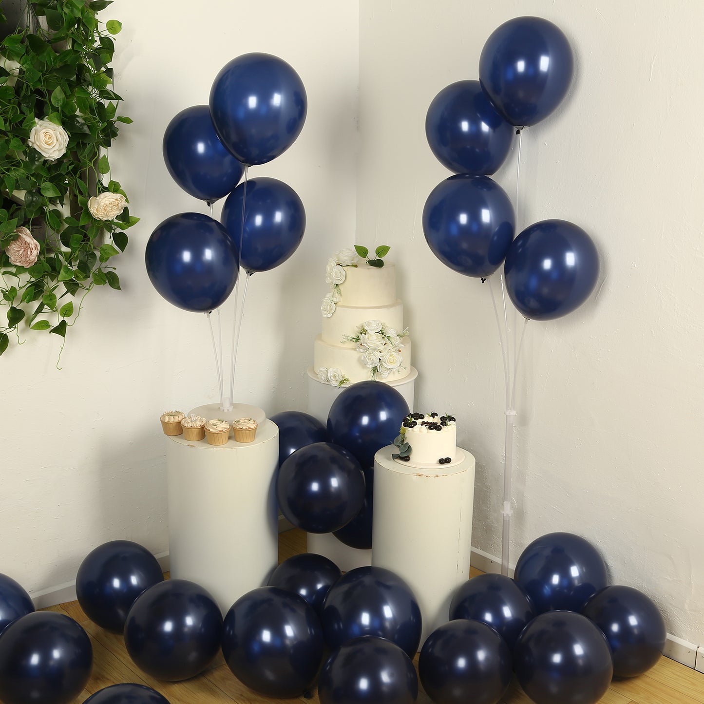 Navy blue biodegradable balloons for eco-friendly party decorations.