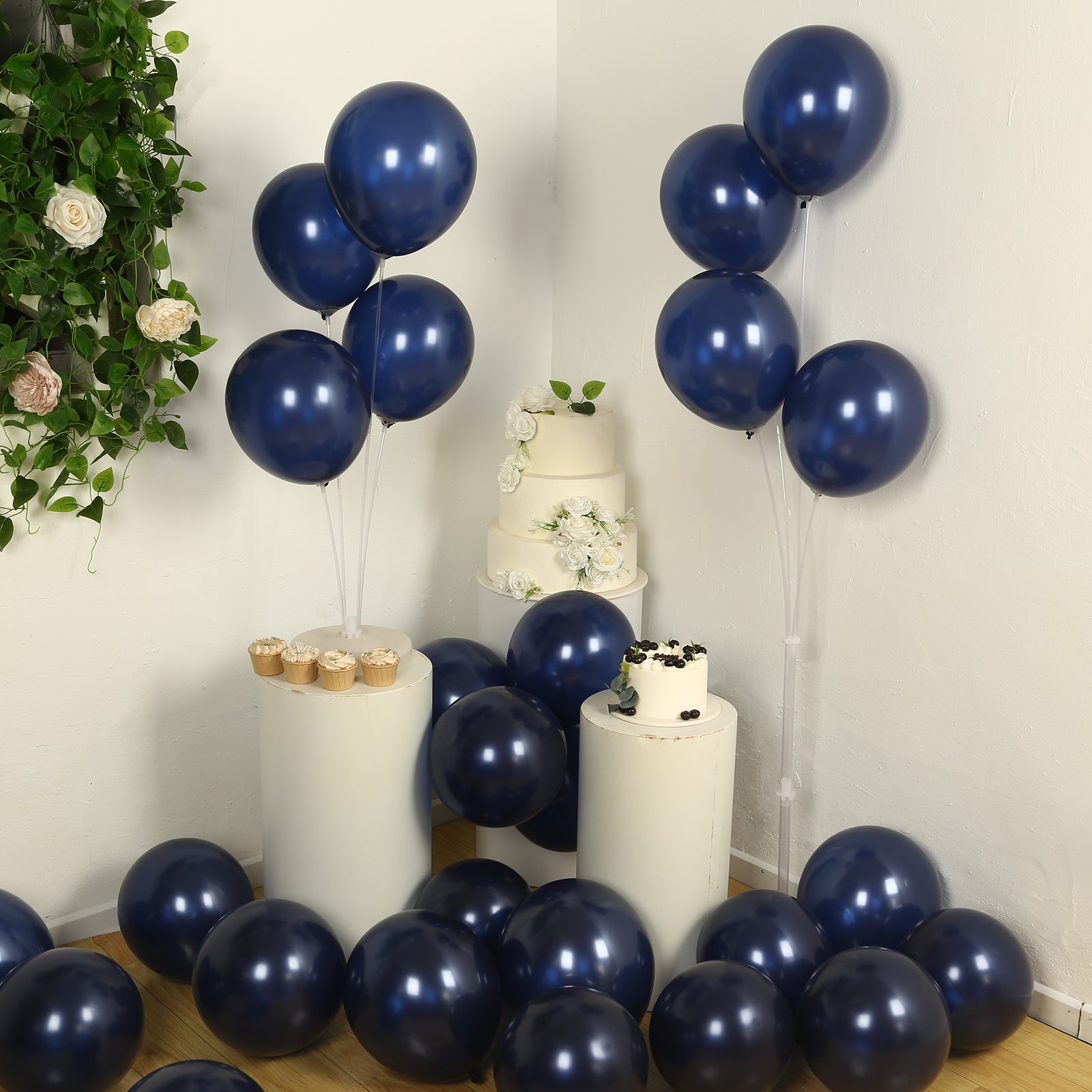 Navy blue biodegradable balloons for eco-friendly party decorations.