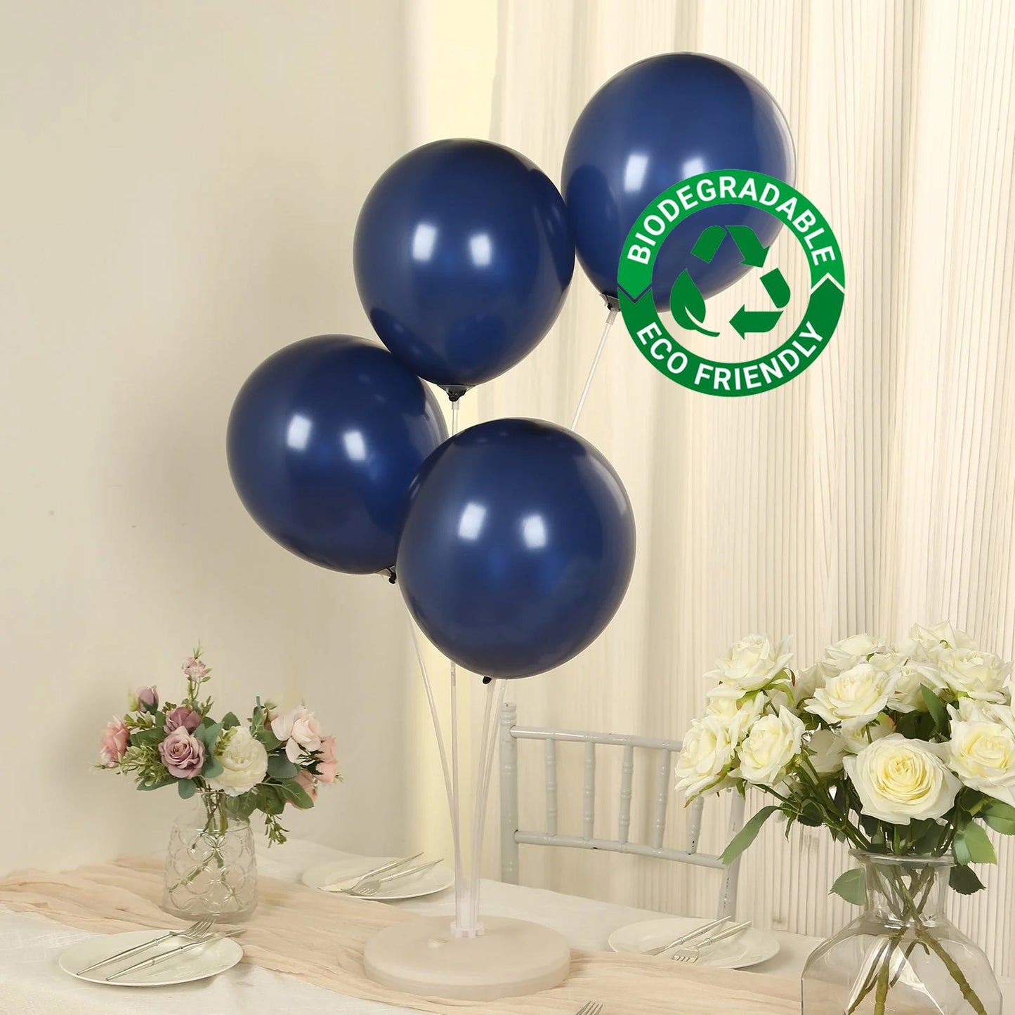 Navy blue biodegradable balloons for eco-friendly party decor.
