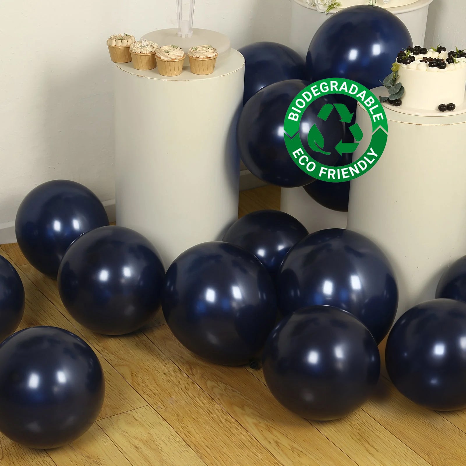 Navy blue biodegradable balloons for eco-friendly parties.