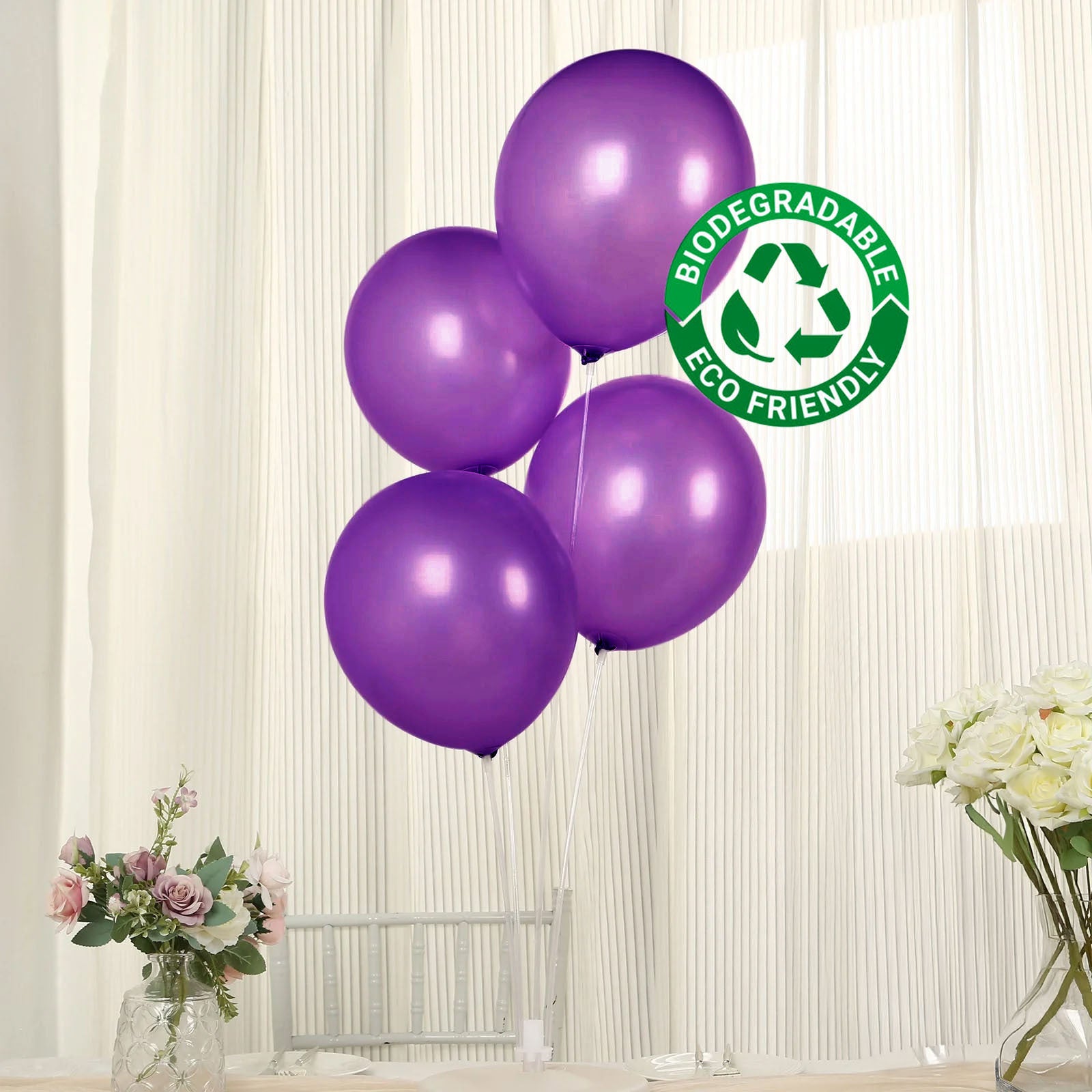Purple biodegradable balloons, eco-friendly latex, perfect for parties.