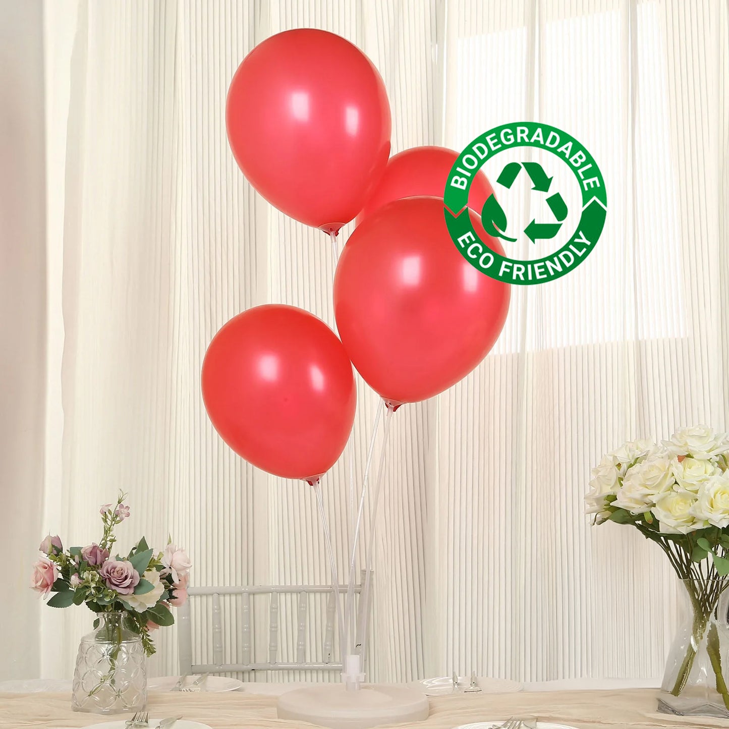 Red biodegradable balloons for eco-friendly celebrations.