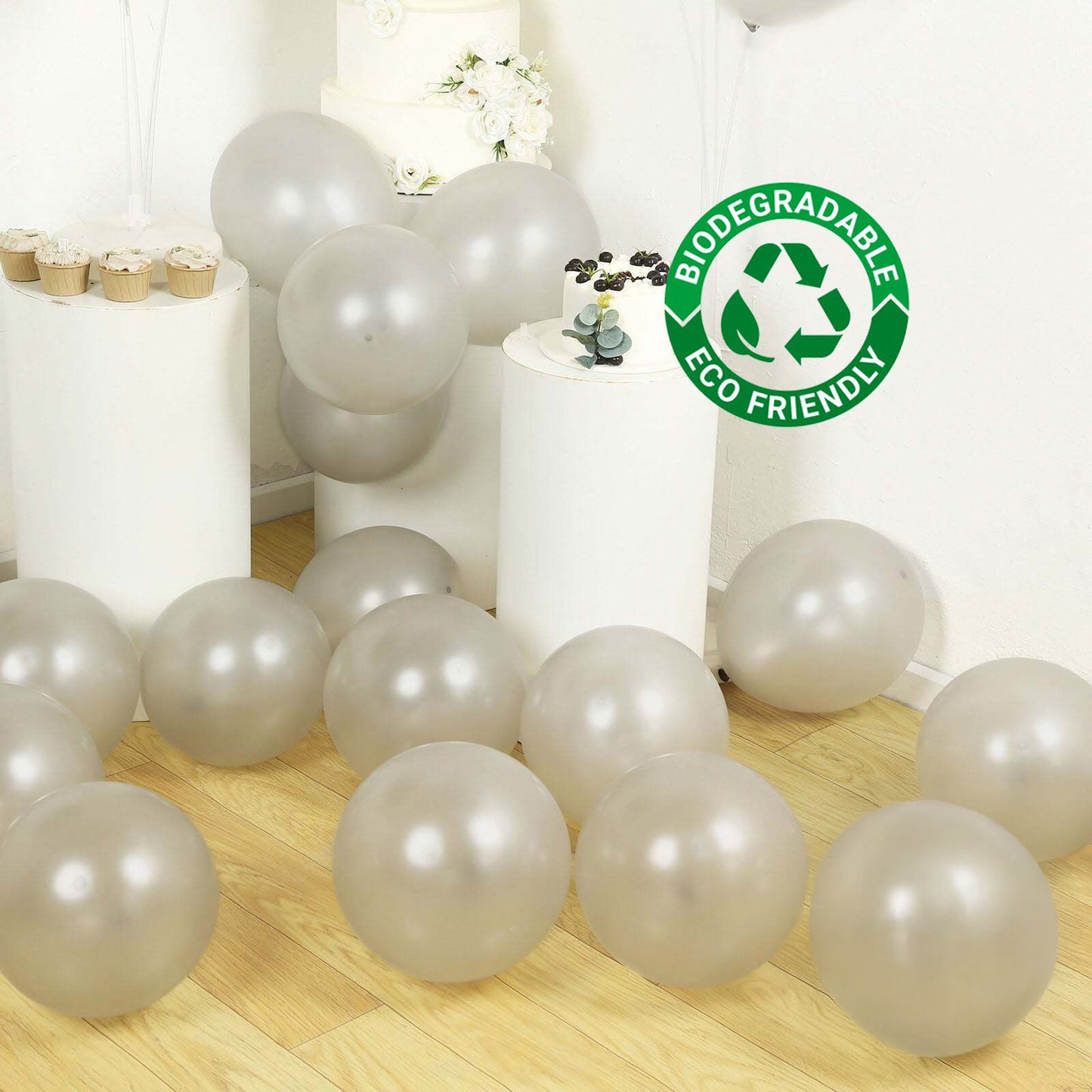 Silver biodegradable balloons for eco-friendly celebrations.