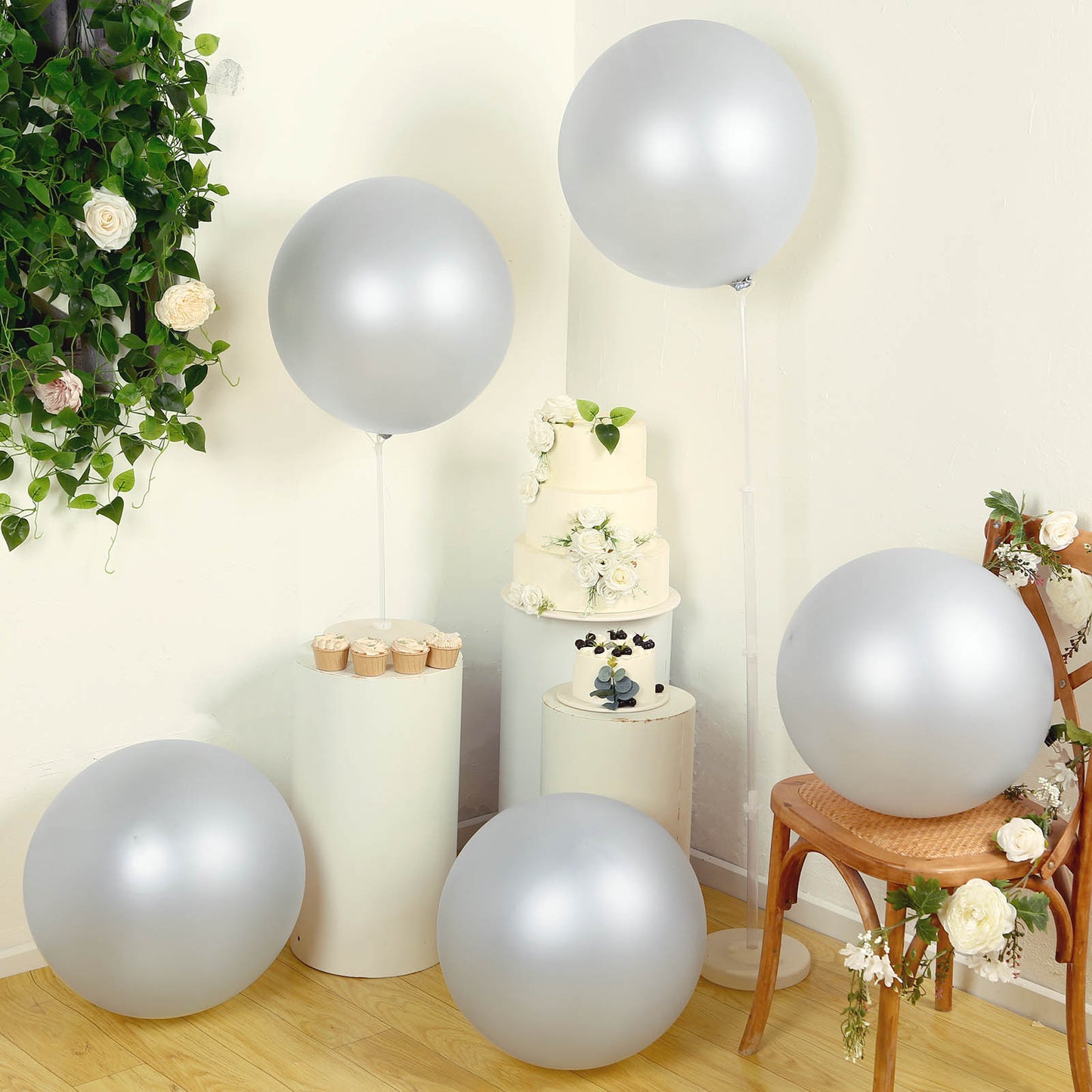 5 Pack Large Silver Biodegradable Balloons, Eco-friendly Thickened Extra Strong Latex Helium Party Balloons - 36"