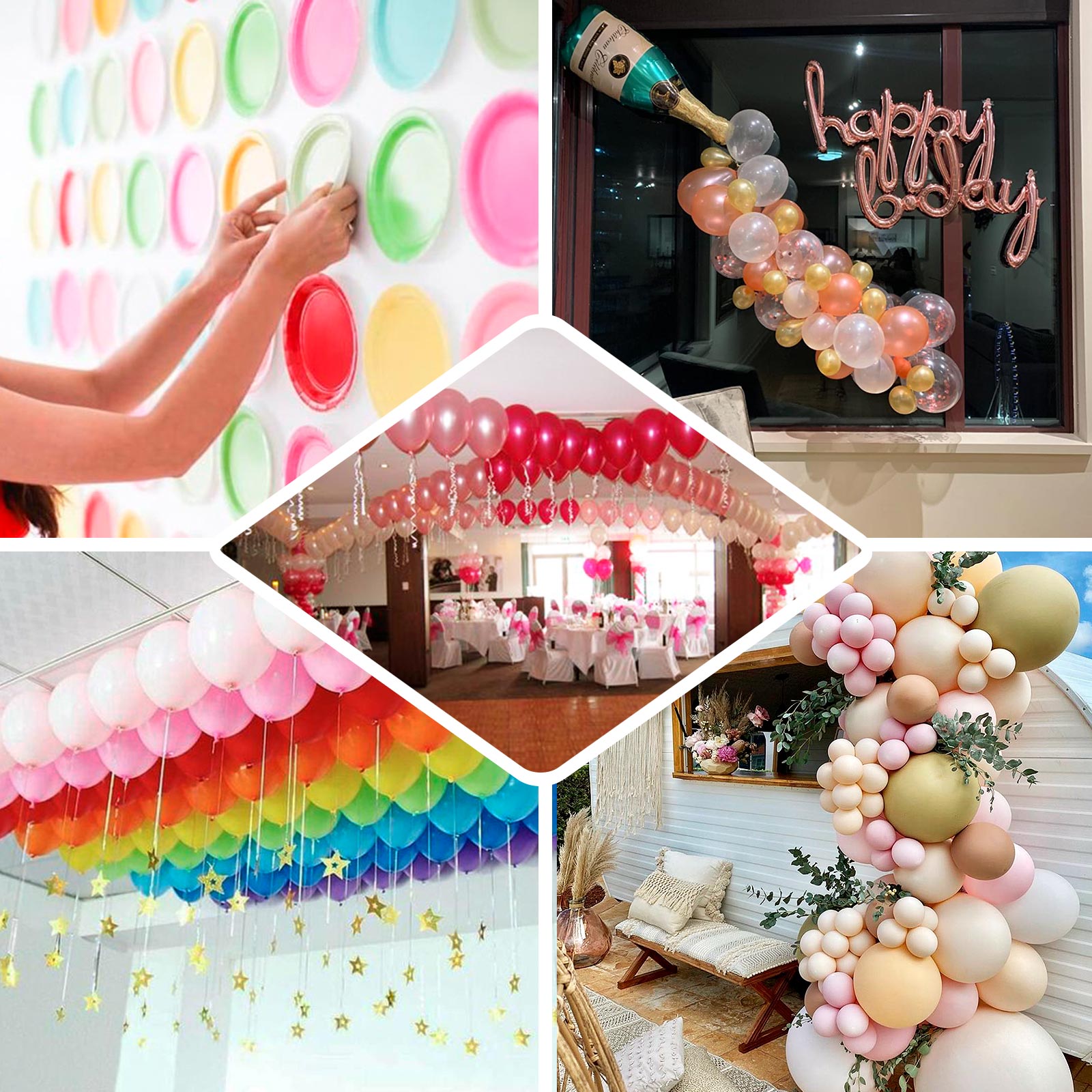 Colorful balloon arch kit for party decorations with tape and glue dots.