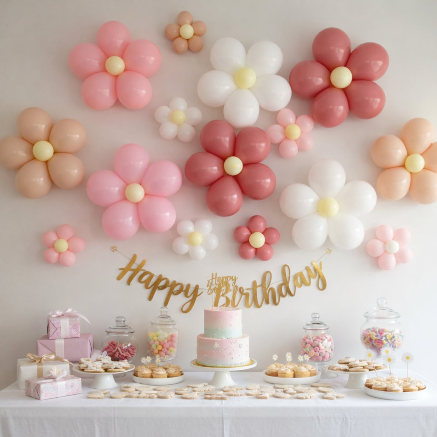 Clear flower-shaped balloon clip connectors for pink and white decorations.