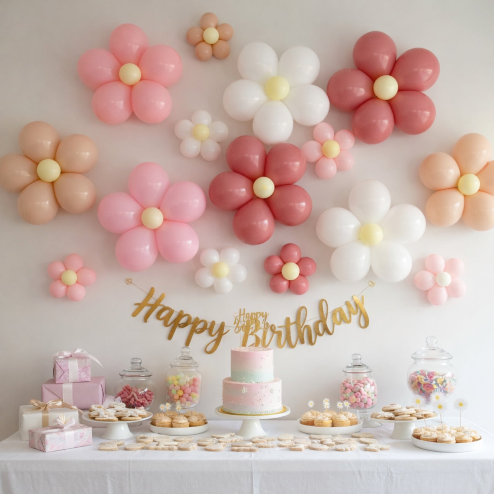 Clear flower-shaped balloon clip connectors for pink and white decorations.