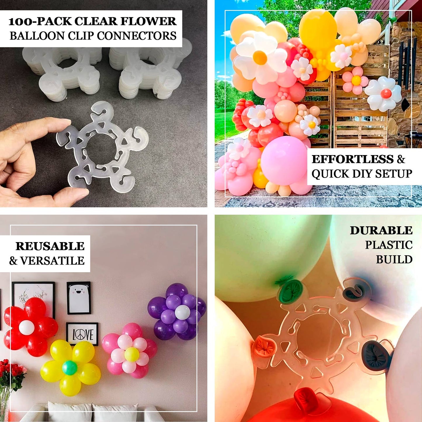Clear Flower-Shaped Balloon Clip Connectors – 100 Pcs Plastic Clips for Balloon Arch, Garland & Party Decoration Supplies
