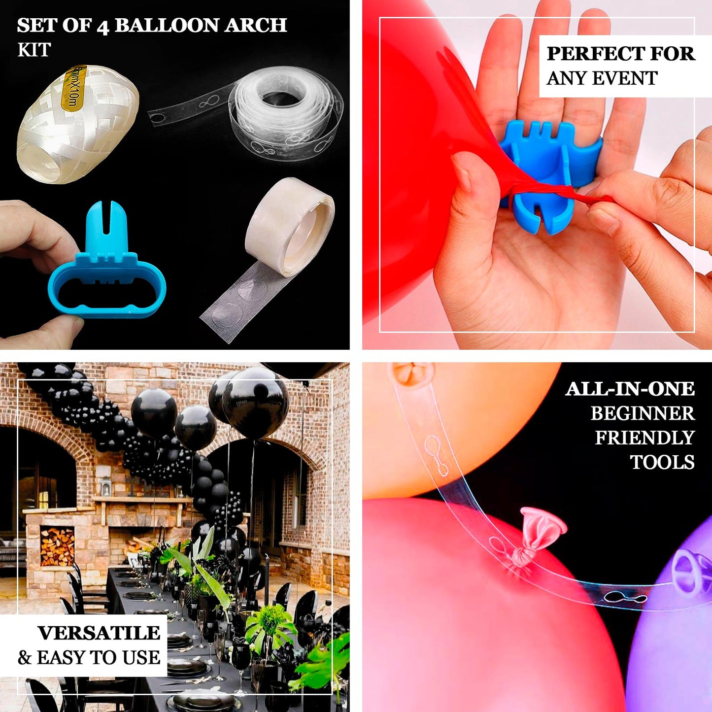 Blue balloon arch kit with decorating strips, tie tool, glue dots, and curling ribbon.
