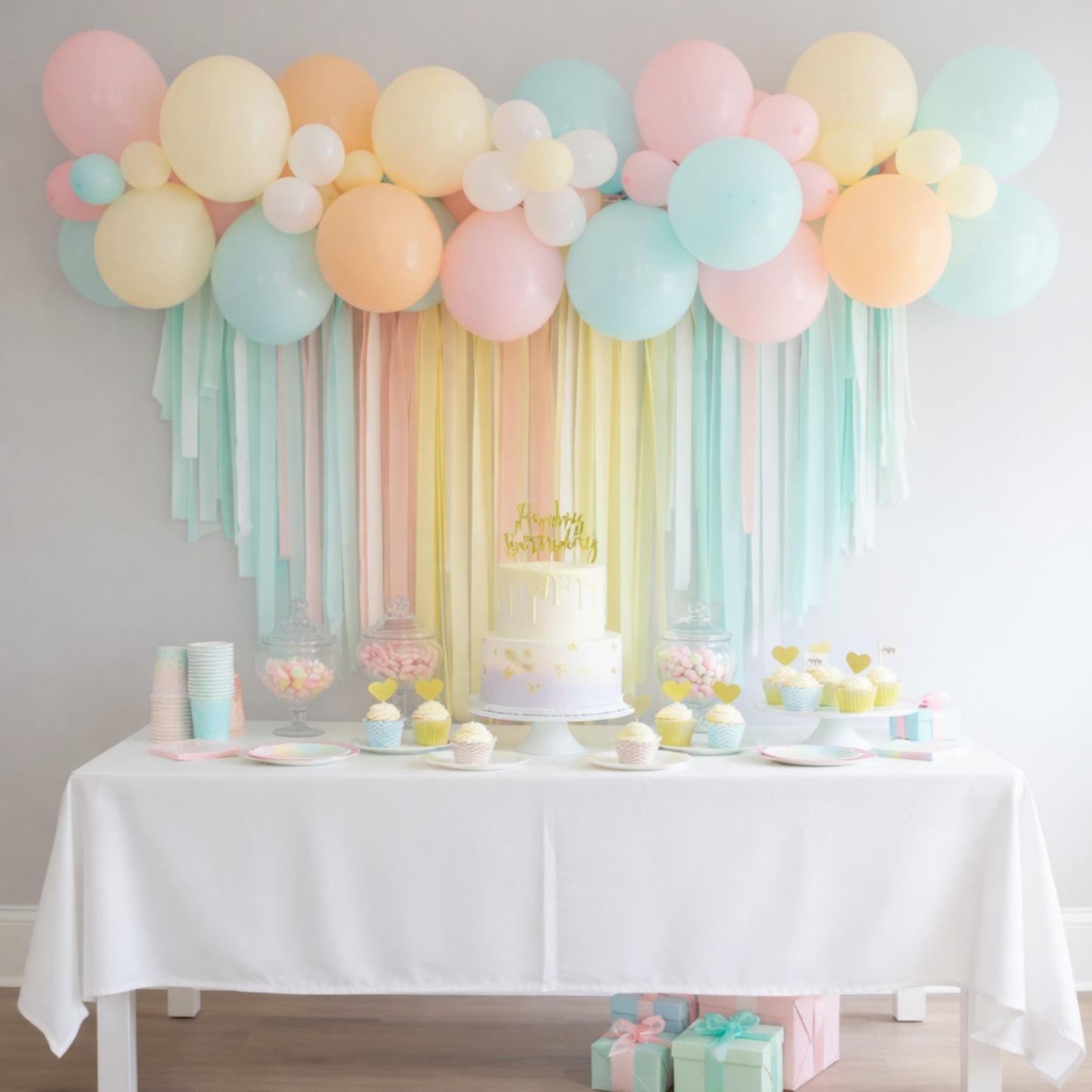 Pastel balloon arch kit for party decorations with cake and treats.